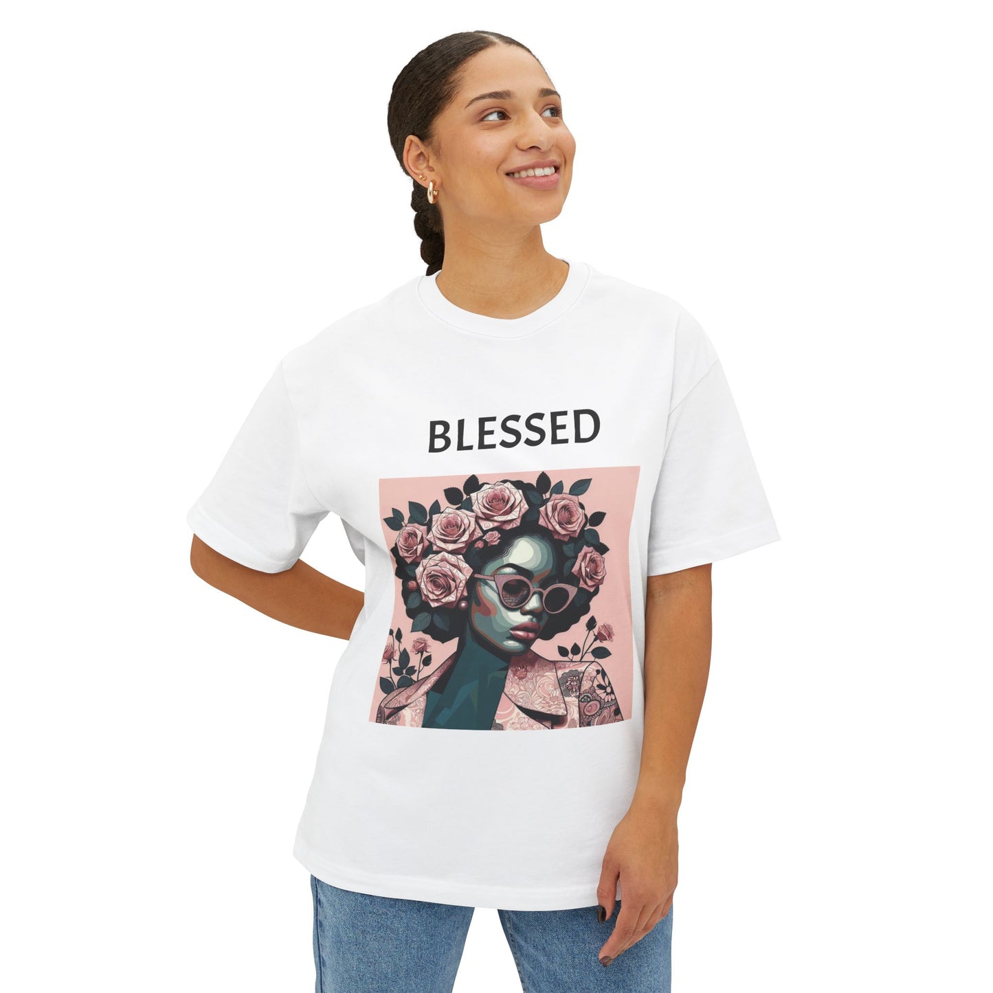 Blessed Floral Oversized Tee | Unisex Fashion, Trendy Streetwear, Gift Idea, Spiritual Apparel, Chill Vibe Shirt - Black Lettering