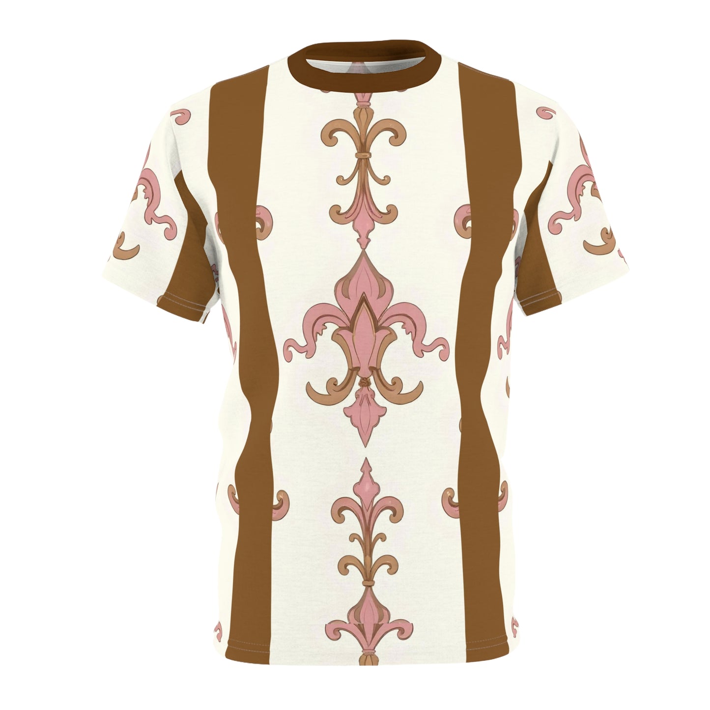 Elegant Floral Unisex Tee, Trendy Graphic Tee, AOP T-Shirt for Casual Wear, Gift for Her & Him - Brown Striped Pink Arabesque