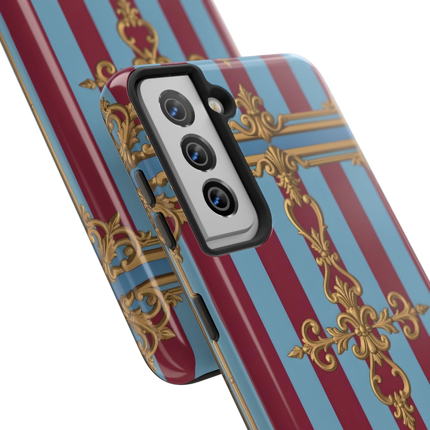 Elegant Patterned Tough Phone Cases, Stylish Phone Cover, Durable Phone Protection, Unique Gift Idea - Sky Blue & Maroon Striped Baroque