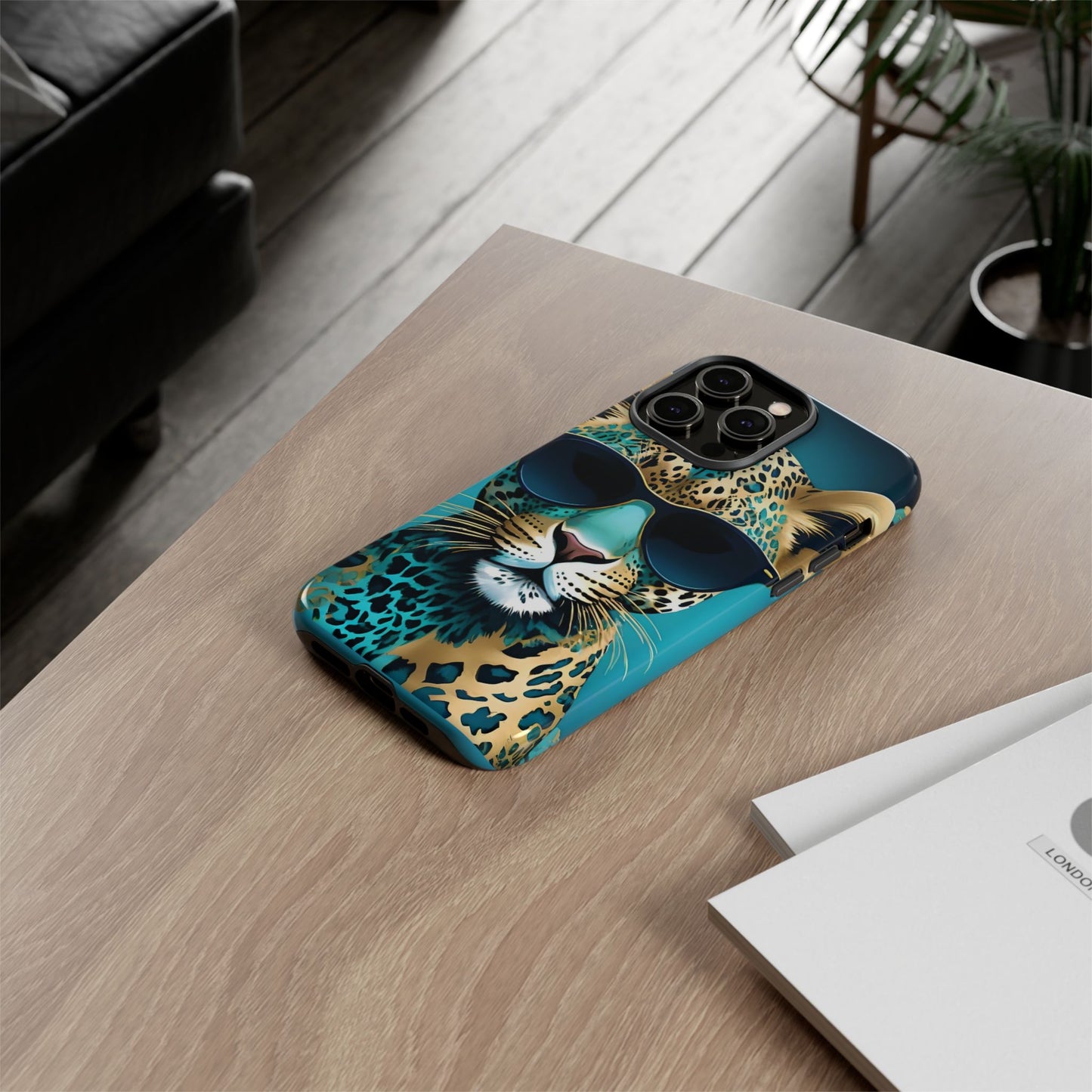 Phone Case - Aqua & Gold Leopard In Sunglasses Design