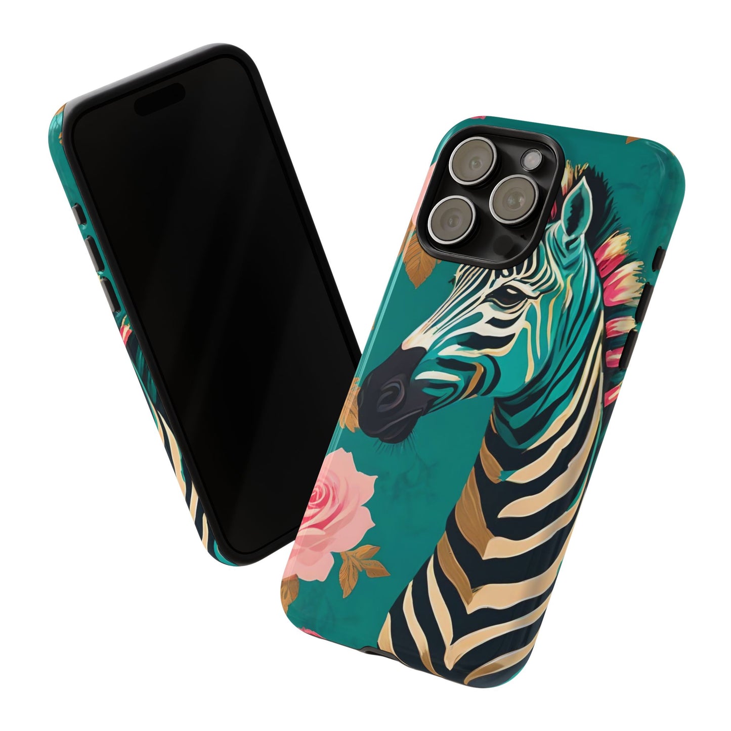 Phone Case - Elegant Teal & Gold Zebra & Roses Design
