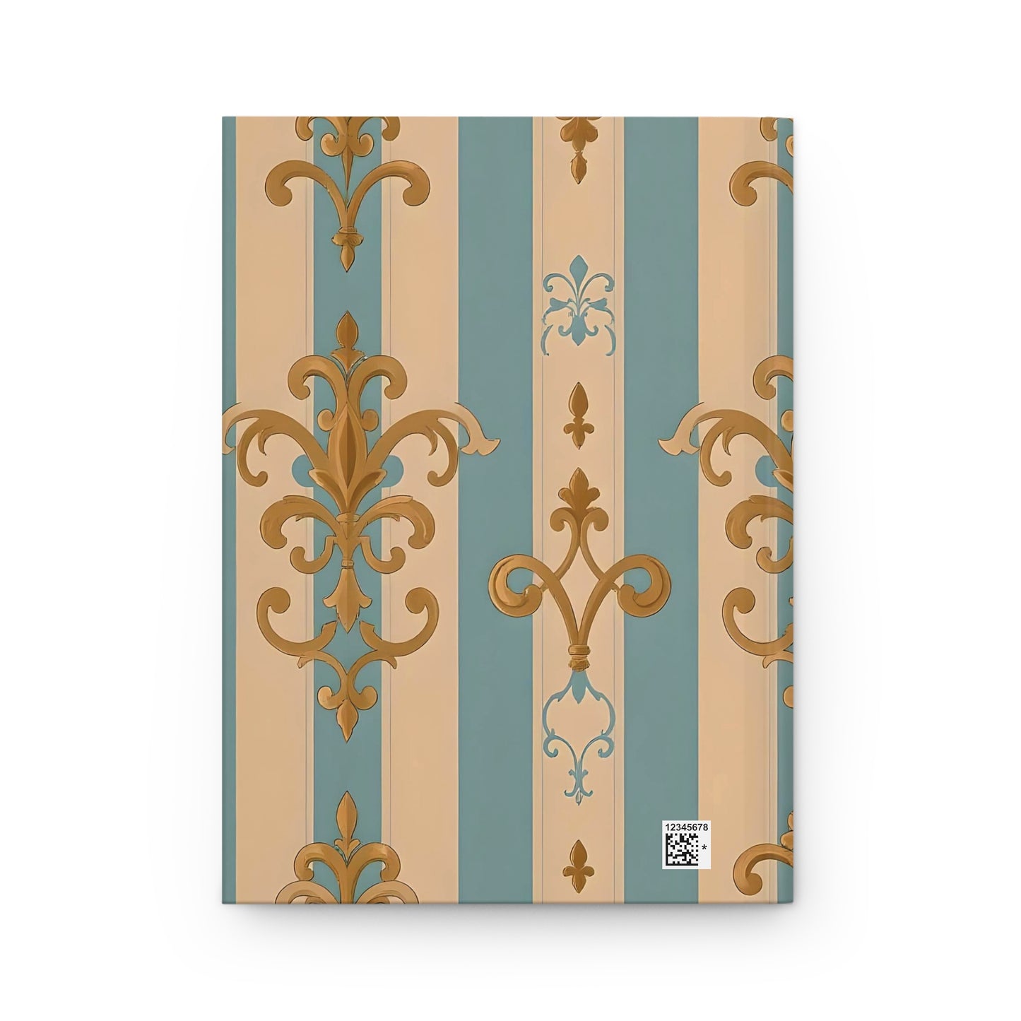 Elegant Floral Motif Hardcover Journal - Stylish Writing Notebook -  Beige & Sky Blue Striped Gold Damask
