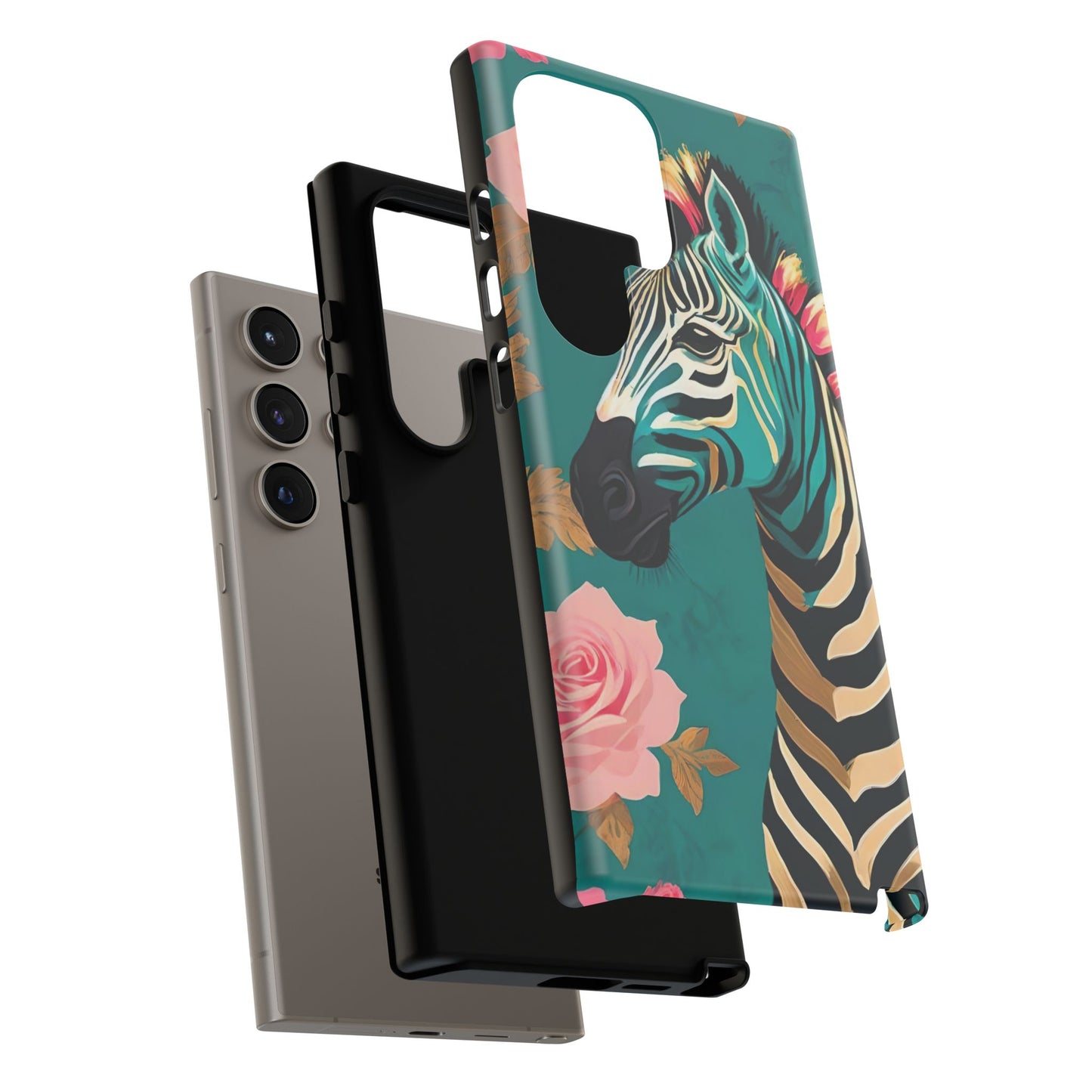 Phone Case - Elegant Teal & Gold Zebra & Roses Design