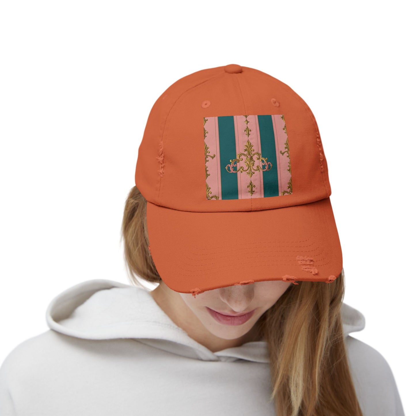 Chic Vintage Distressed Cap, Trendy Unisex Baseball Hat, Fashionable Everyday Wear - Pink & Teal Striped Gold Baroque