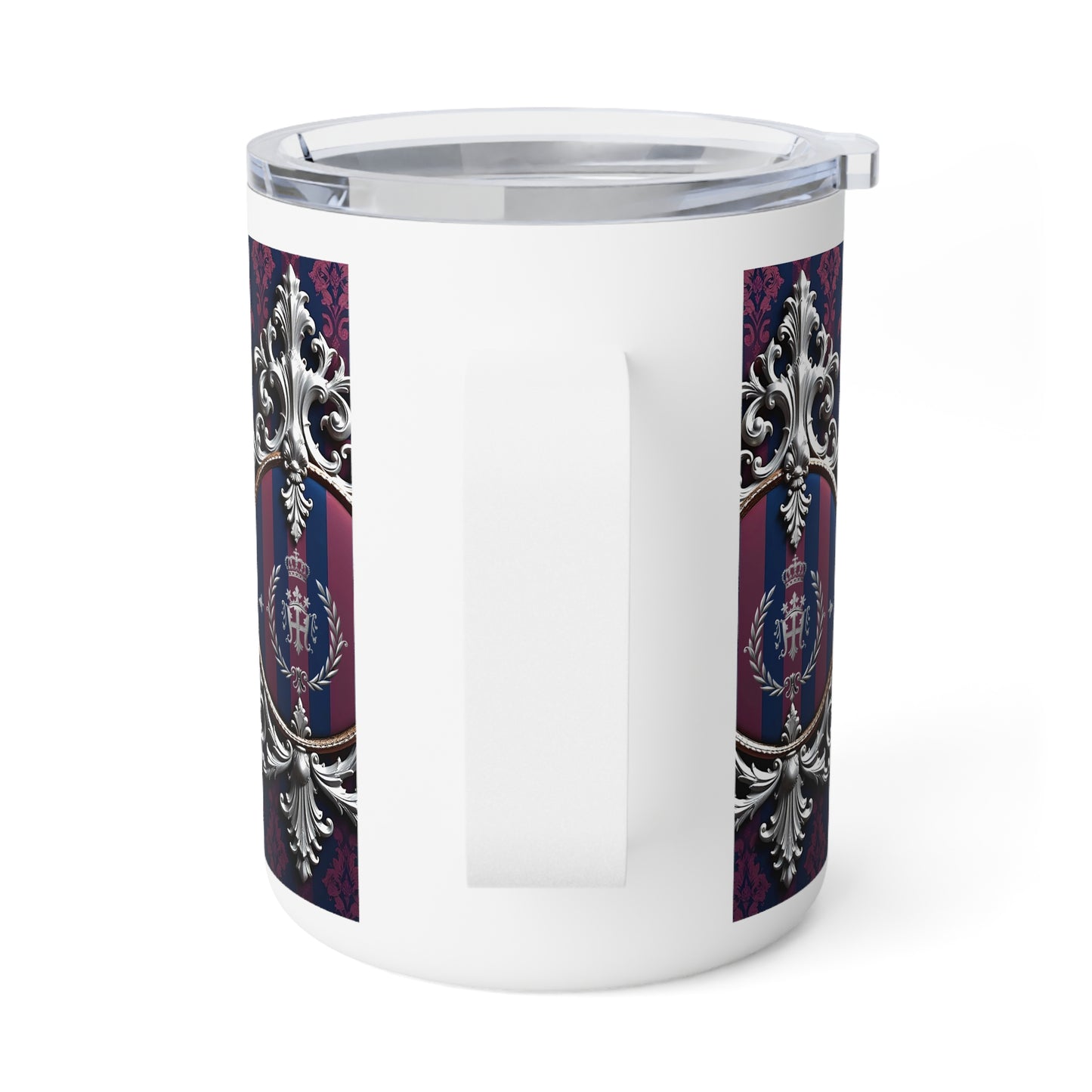 Elegant Insulated Coffee Mug with Regal Design | Perfect Gift for Home, Royal Tea Lovers, Stylish Drinkware - Blue & Plum Striped Silver Crest