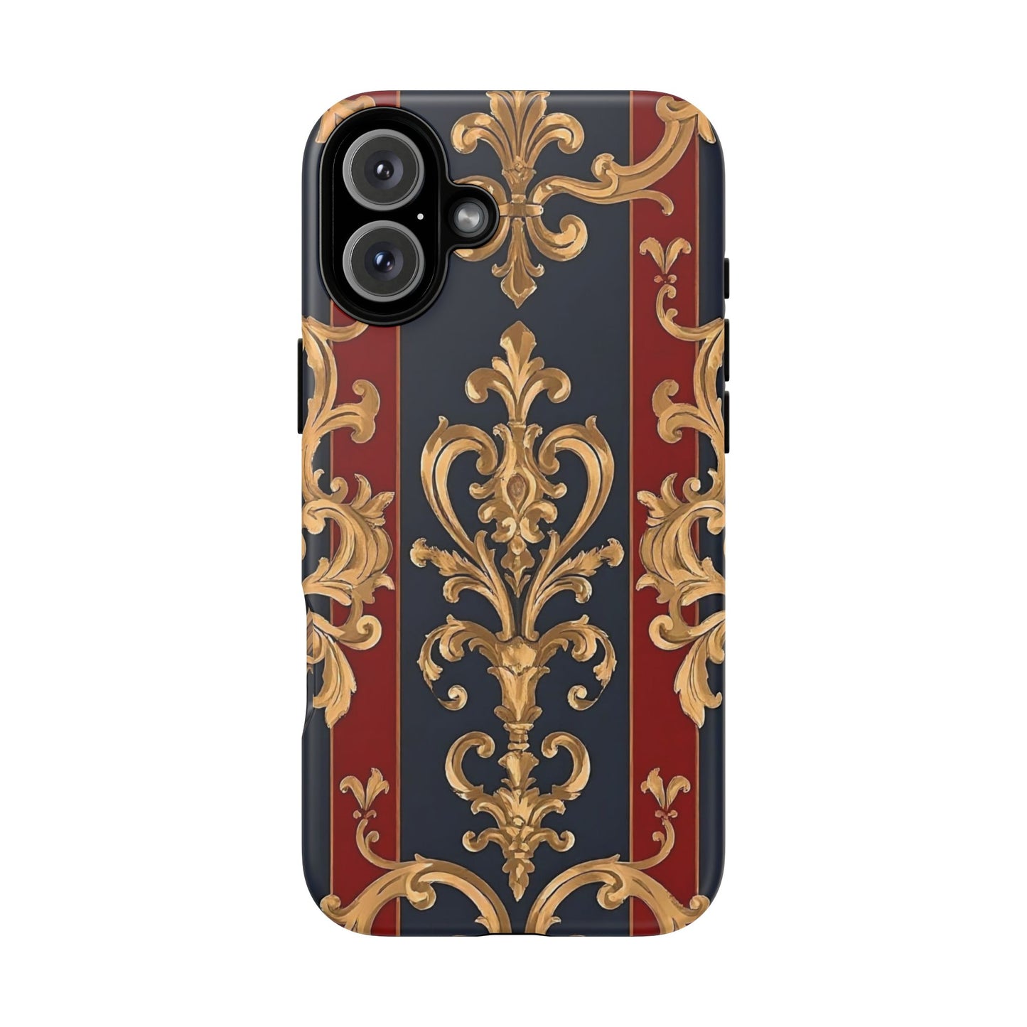 Elegant Floral Motif Phone Case - Tough Cases with Vintage Design - Midnight Blue & Dusk Red Striped Gold Damask