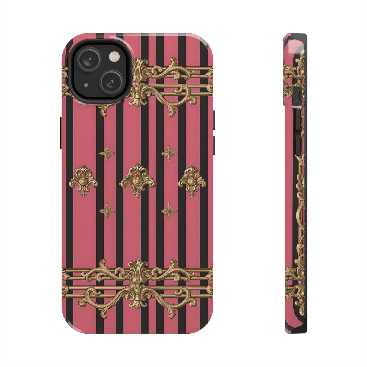Elegant Floral Phone Cases, Stylish Protective Case for Trendy Individuals, Unique Gift for Tech Lovers, Phone Accessories - Pink Striped Gold Rococo