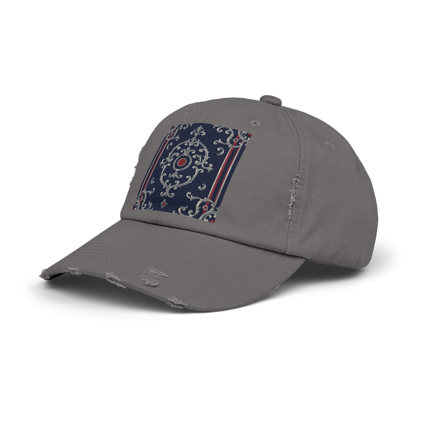 Stylish Unisex Distressed Cap with Ornate Design, Casual Hat for Outdoor Adventures, Beach Days - Blue & Red Silver Baroque