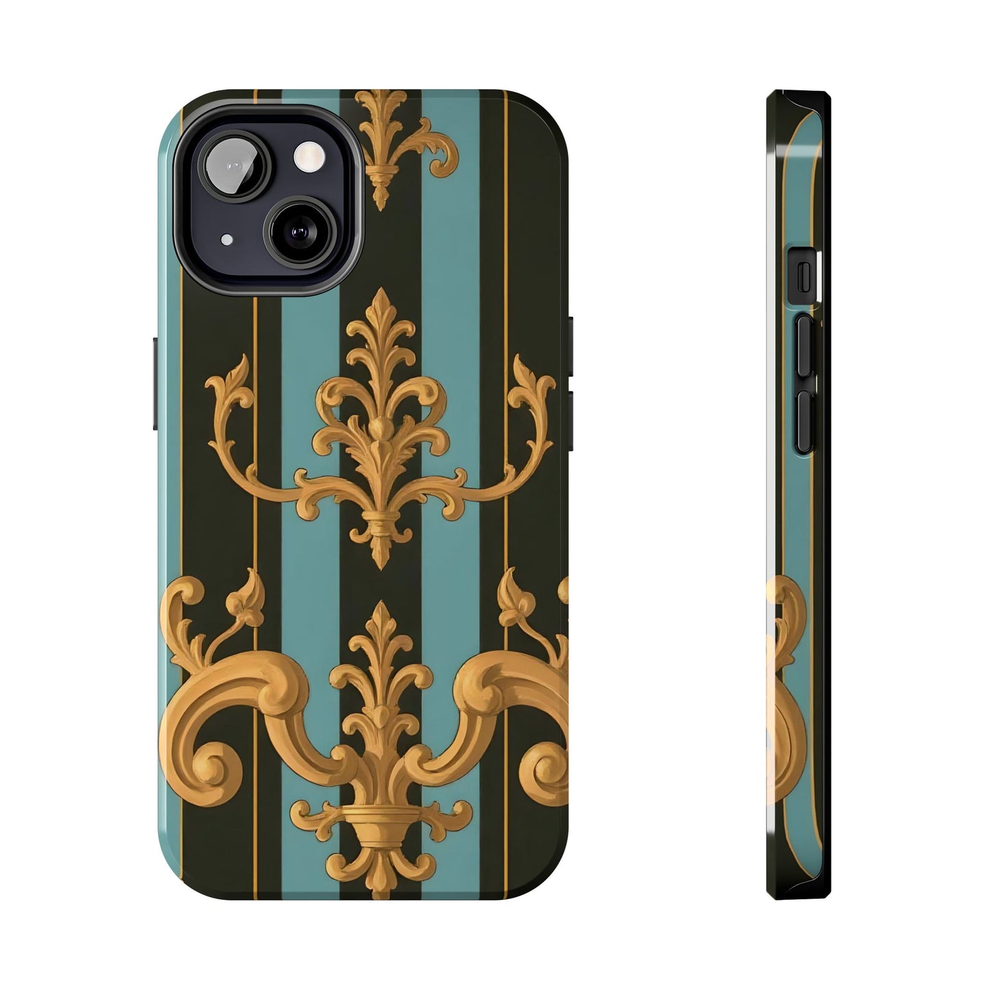 Elegant Baroque Tough Phone Case, Stylish Phone Cover, Durable iPhone Case, Unique Gift - Black & Turquoise Striped Baroque