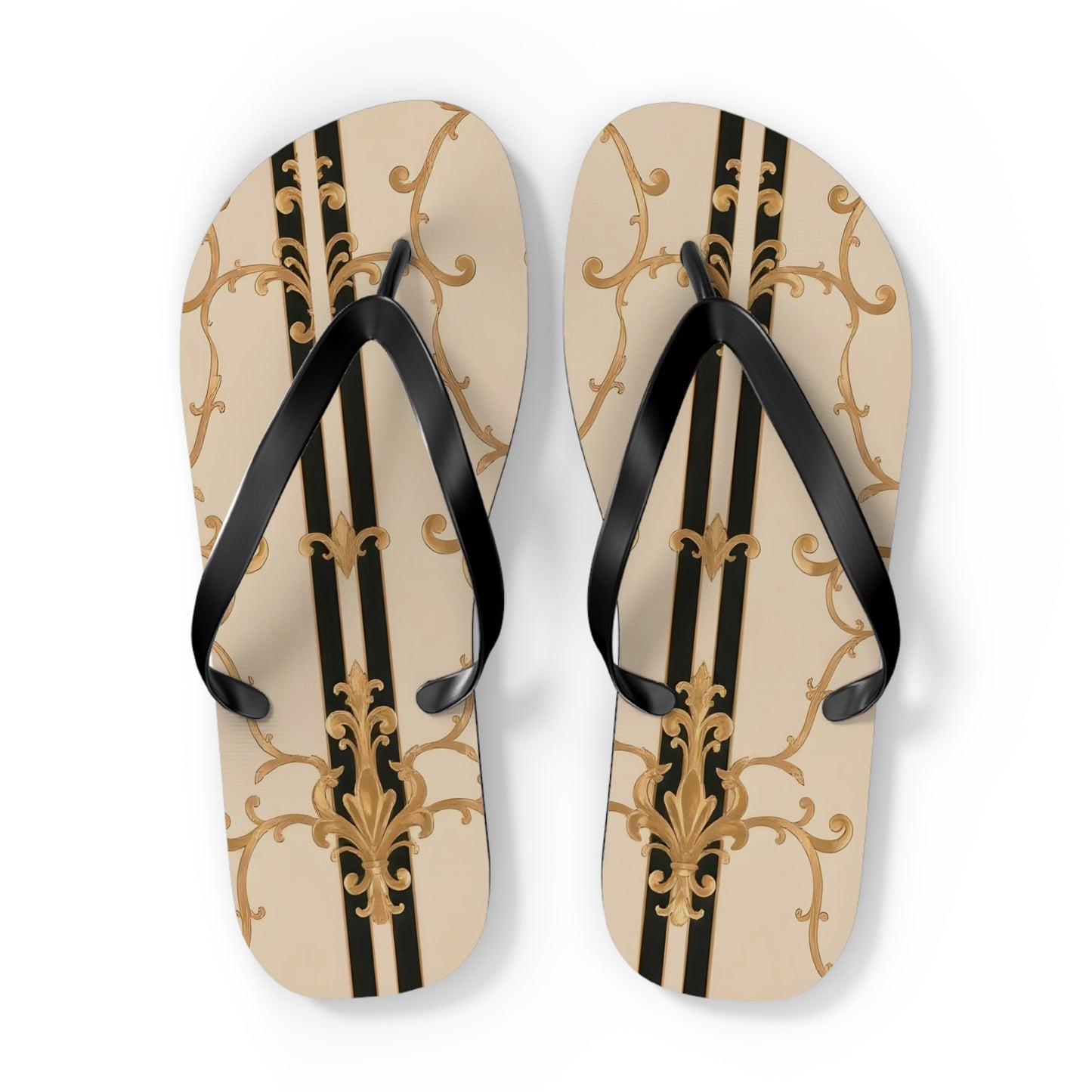 Chic Floral Flip Flops | Stylish Summer Sandals for Beach, Pool, Vacation, Travel, Fun In The Sun - Black & Beige Striped Damask