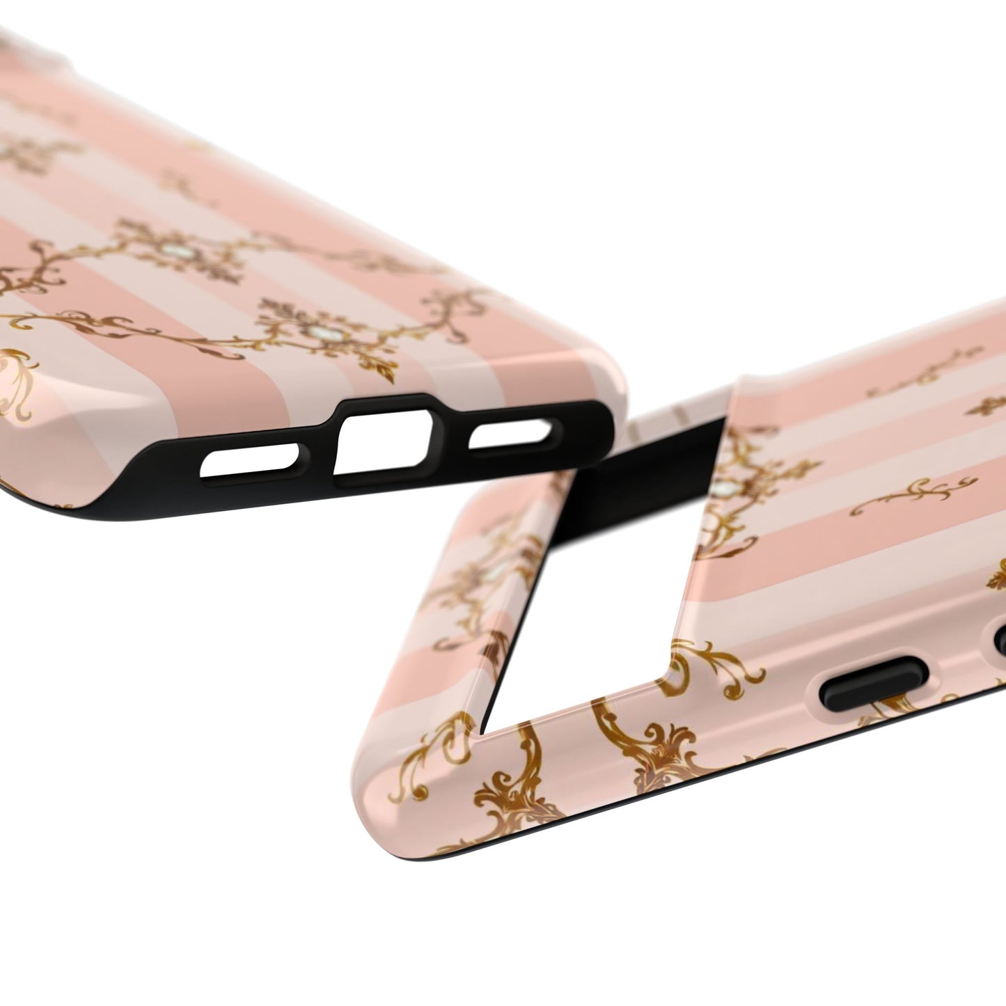 Elegant Floral Phone Case, Tough Cases for Women, Trendy Phone Cover, Chic Gift - Pink Jeweled Striped Gold Baroque