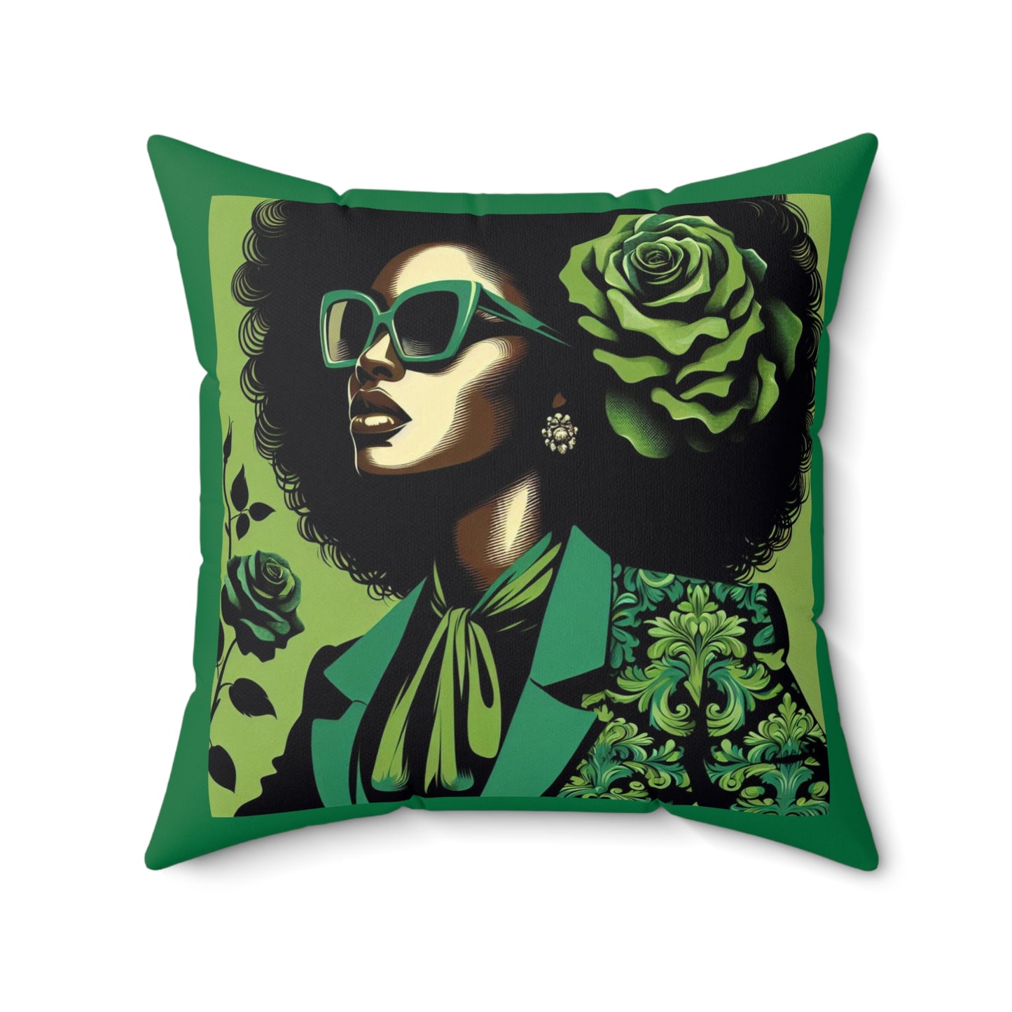 Chic Afrocentric Faux Suede Pillow, Stylish Home Decor, Gift for Her, African American Art, Damask Decor - Lady in Green Damask
