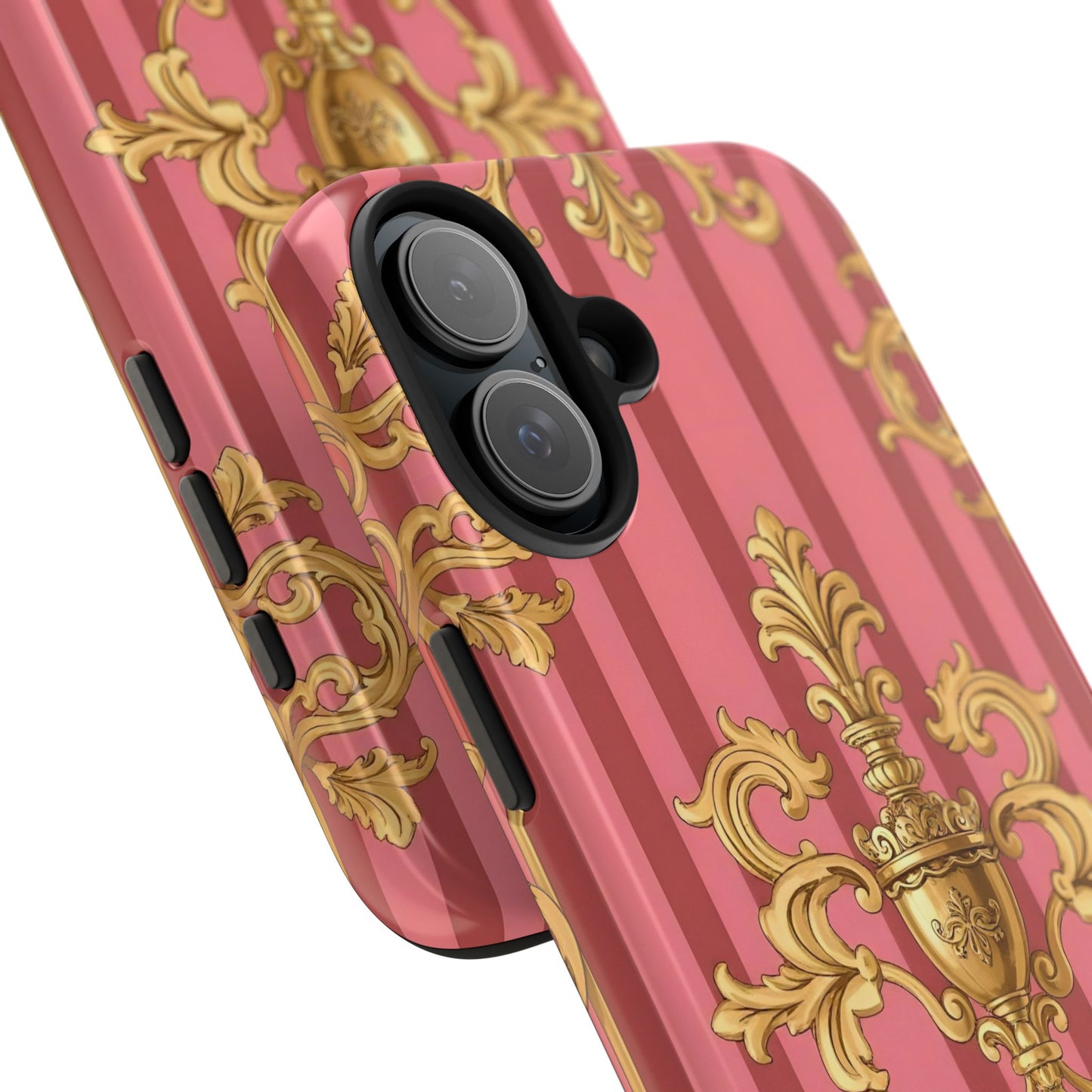 Elegant Baroque Tough Phone Cases, Durable Phone Cover, Stylish Accessory, Gift for Any Occasion - Pink Striped Gold Baroque