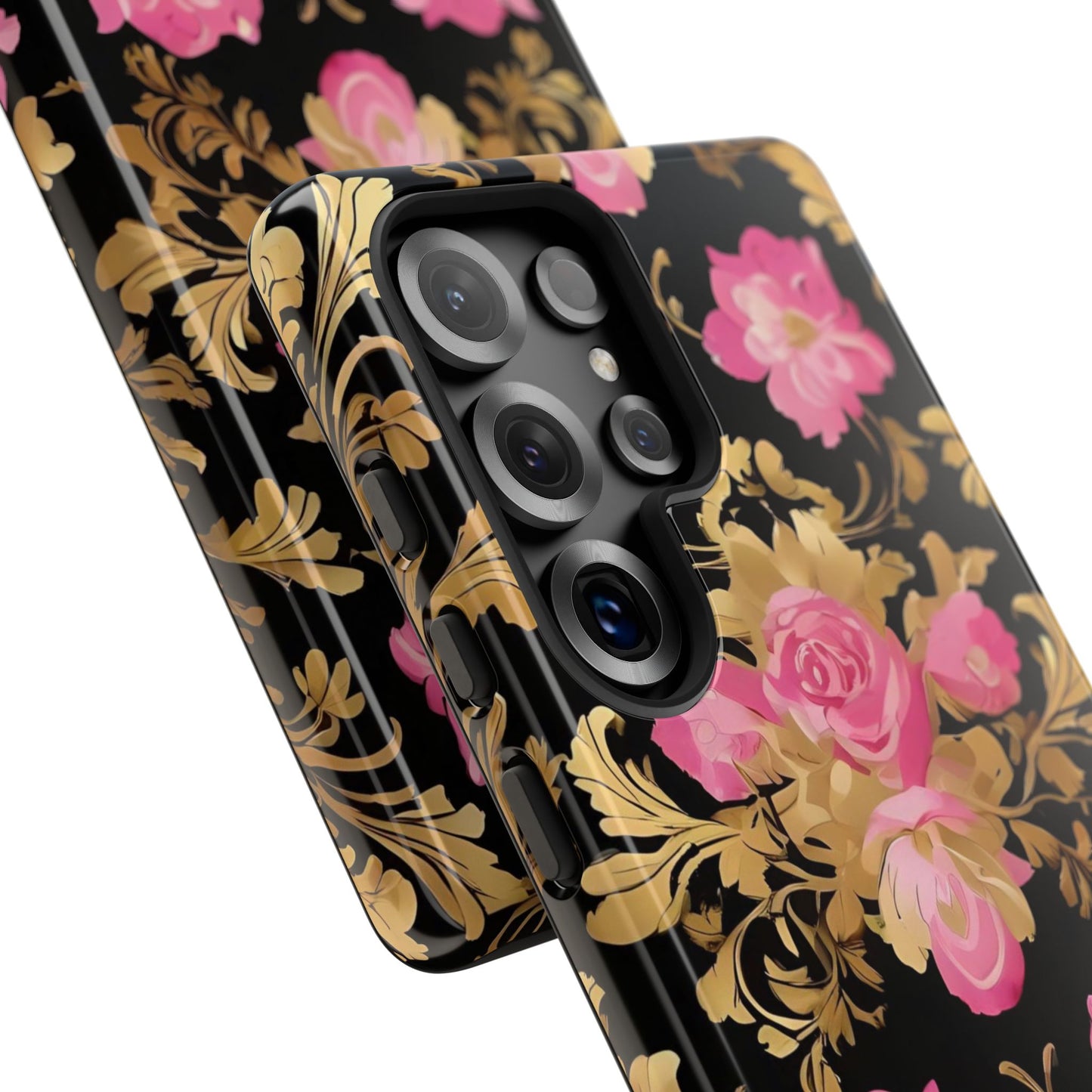 Elegant Floral Motif Phone Case - Tough Cases with Vintage Design - Pink & Gold Roses