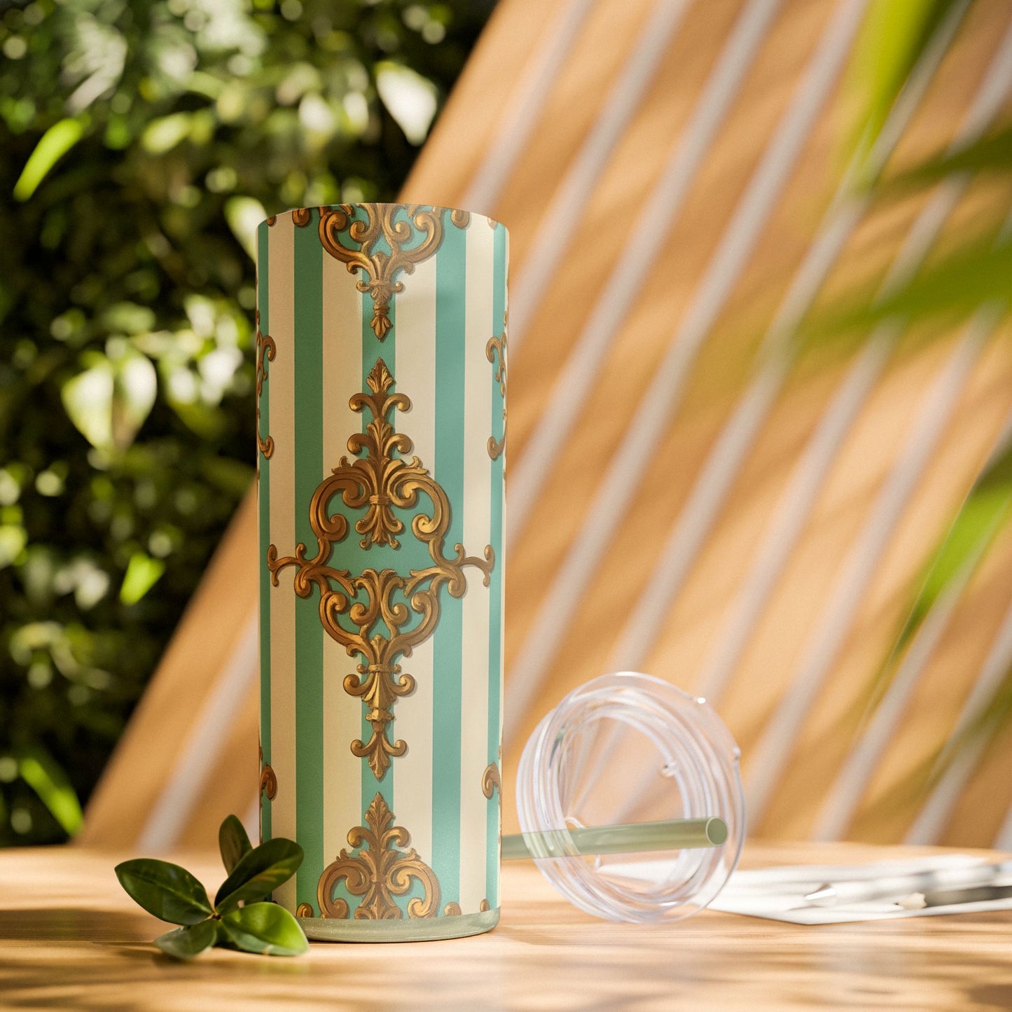 Elegant Vintage Skinny Tumbler with Straw, 20oz, Stylish Drinkware, Perfect Gift for Home, Coffee Lovers - Matte Green Striped Rococo