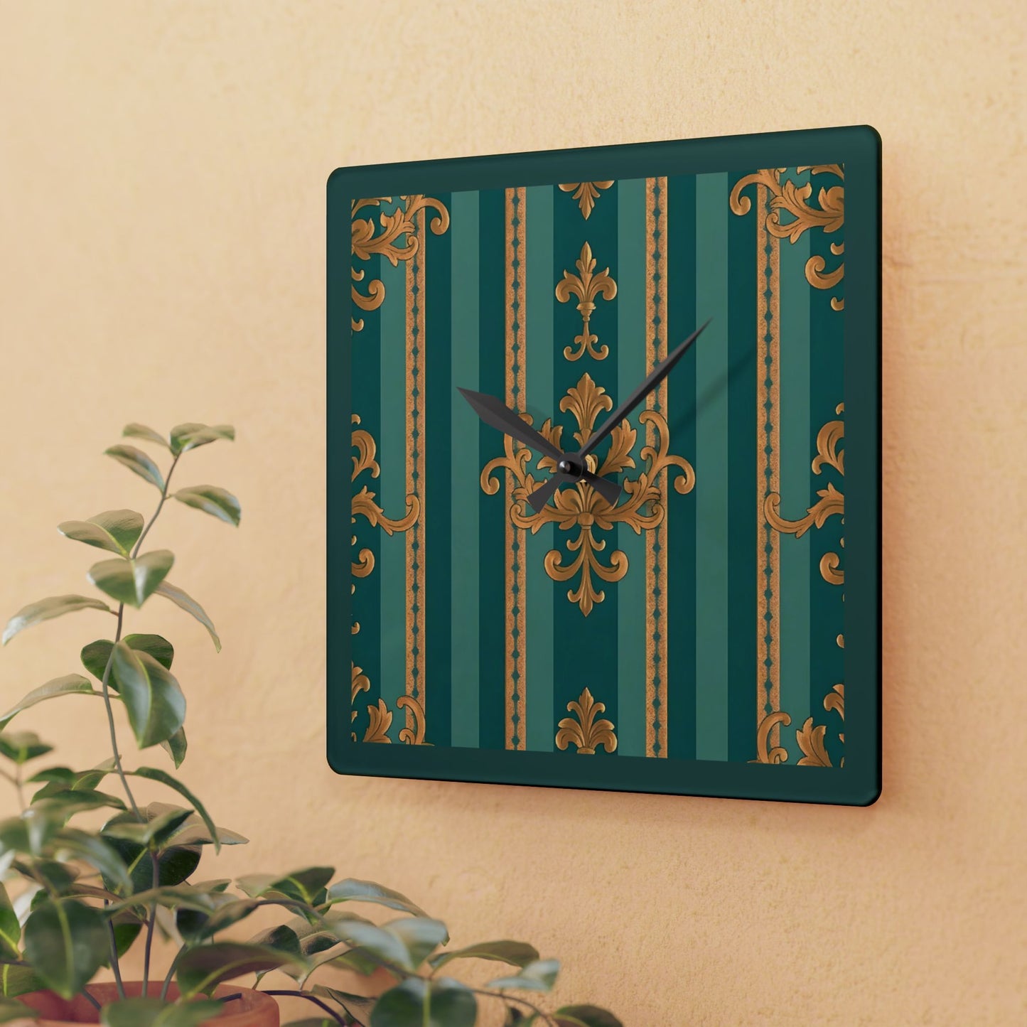 Bohemian Damask-Inspired Acrylic Wall Clock with Floral Design - Teal Striped Gold Damask