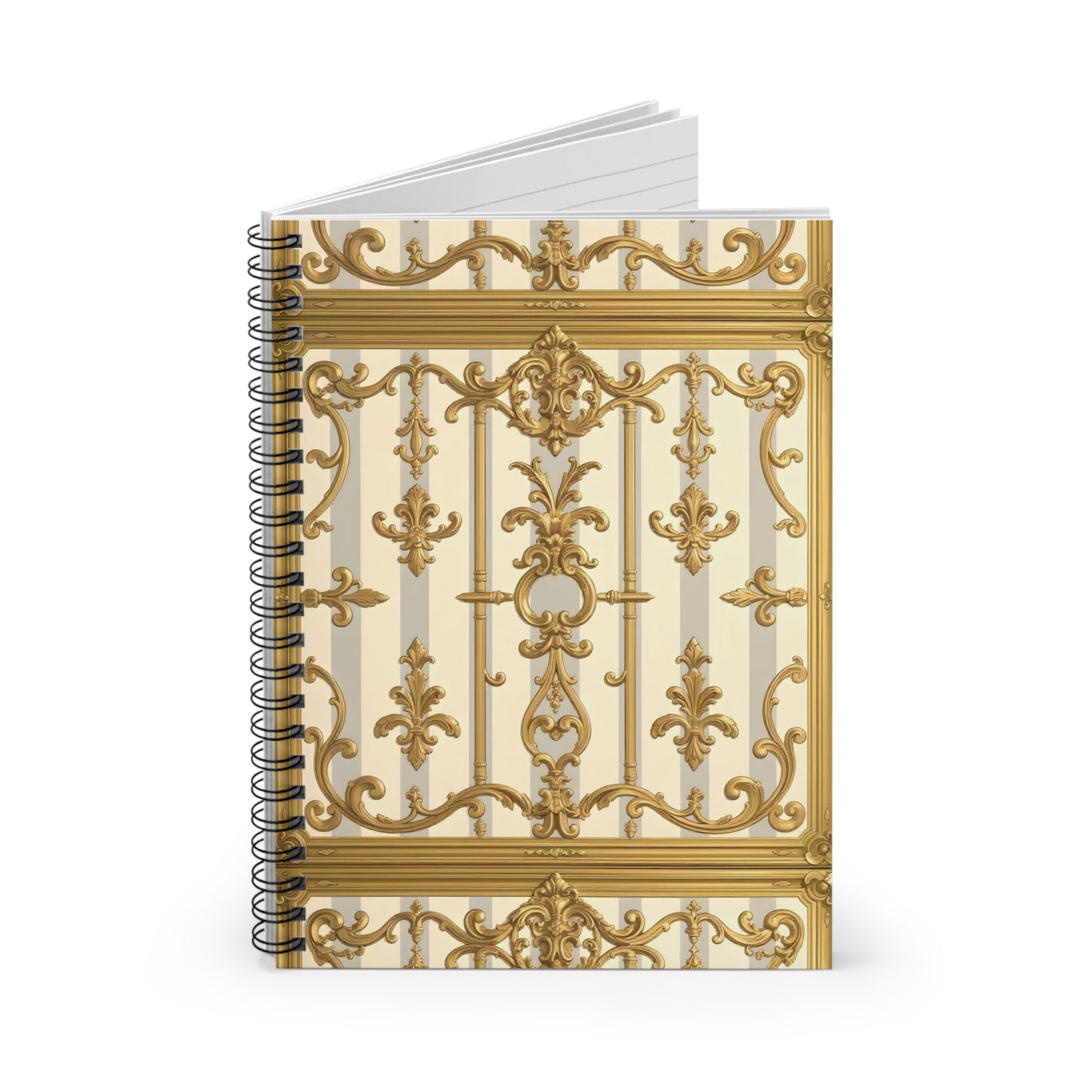 Elegant Gold Baroque Spiral Notebook - Ruled Lines, Perfect for Journaling, Note Taking, School Supplies - Matte Gray & Cream Striped Gold Baroque
