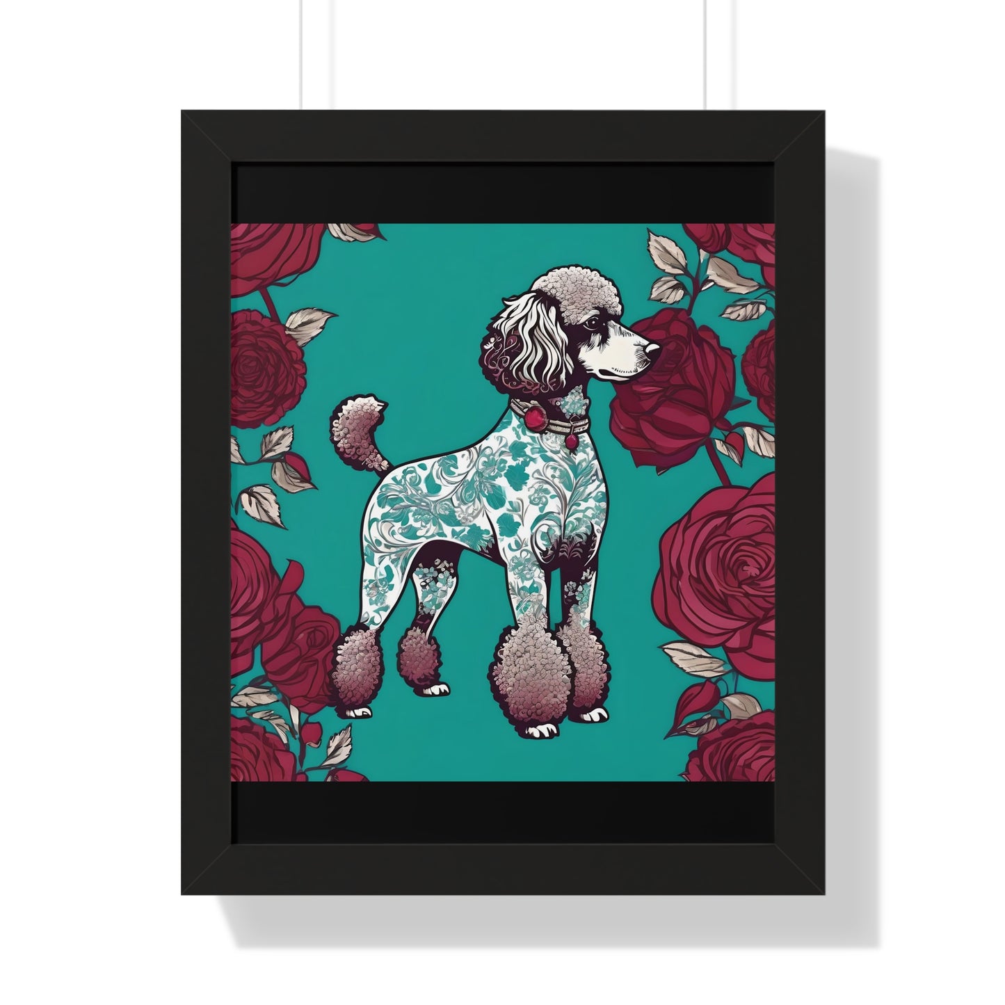 Vertical Poster - Stylish Framed - Art for Home Decor - Damask Aqua & White Poodle With Burgundy Roses