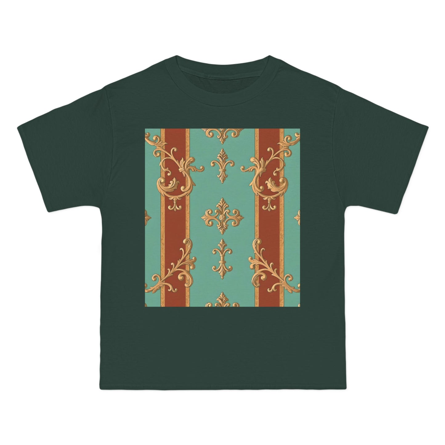 Elegant Vintage Patterned T-Shirt | Vintage Style Tee, Casual Wear, Retro Aesthetic - Rust & Mint Aqua Striped Baroque