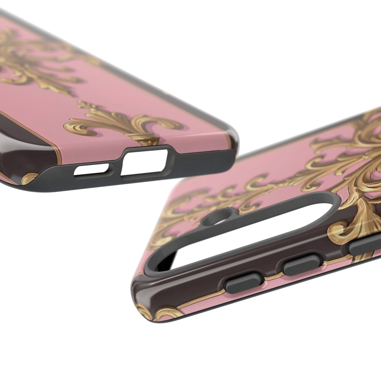 Elegant Floral Motif Phone Case - Tough Cases with Vintage Design - Pink & Brown Striped Gold Damask