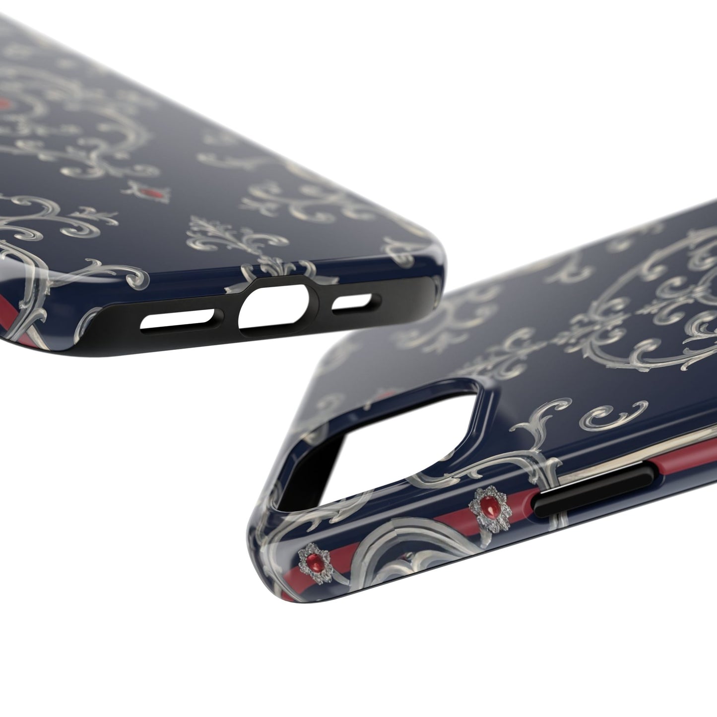 Elegant Patterned Tough Phone Cases for Stylish Protection, Gift for Her, Unique Accessories - Blue & Red Striped Silver Baroque