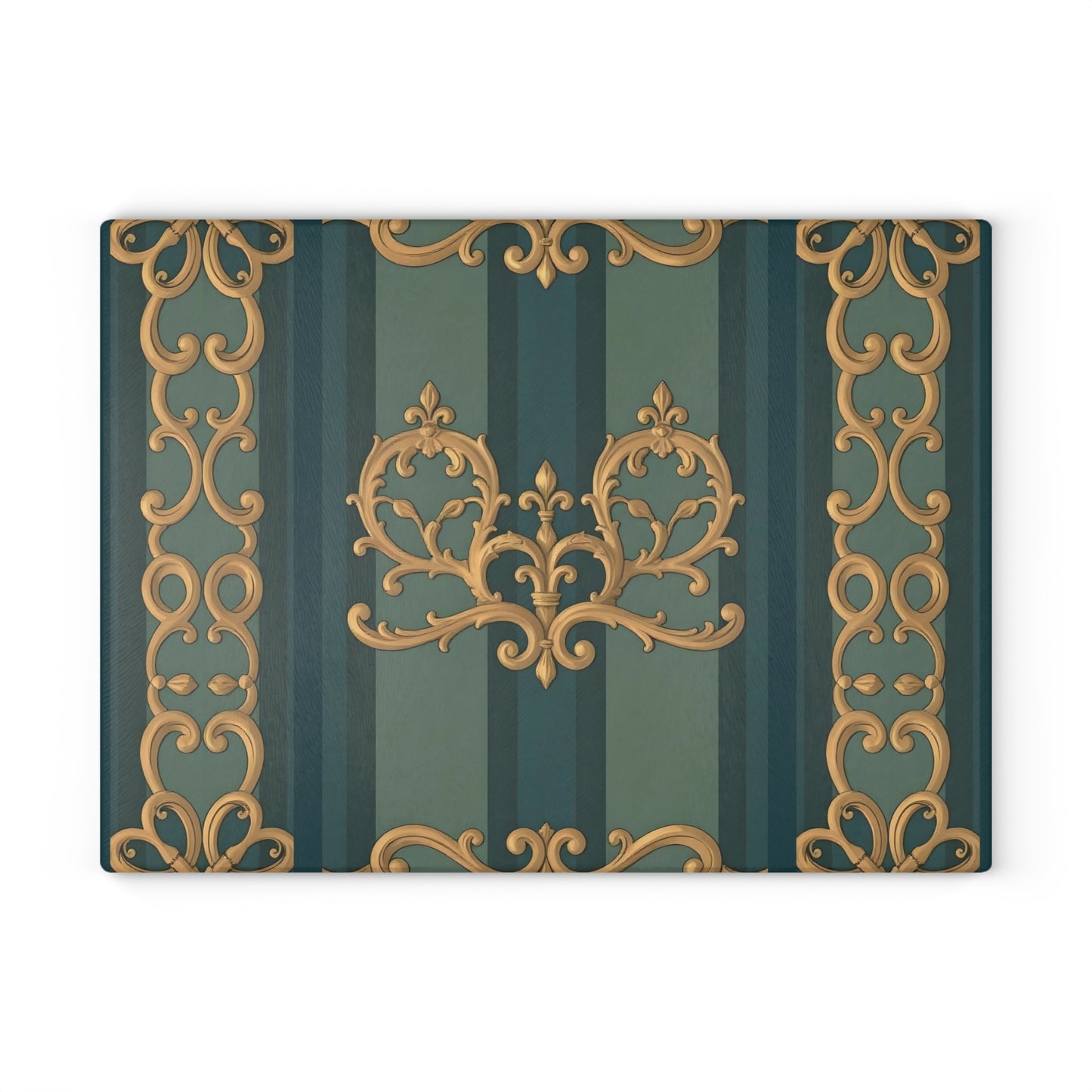 Elegant Vintage Glass Cutting Board with Ornate Design - Smoky Blue & Teal Striped Baroque