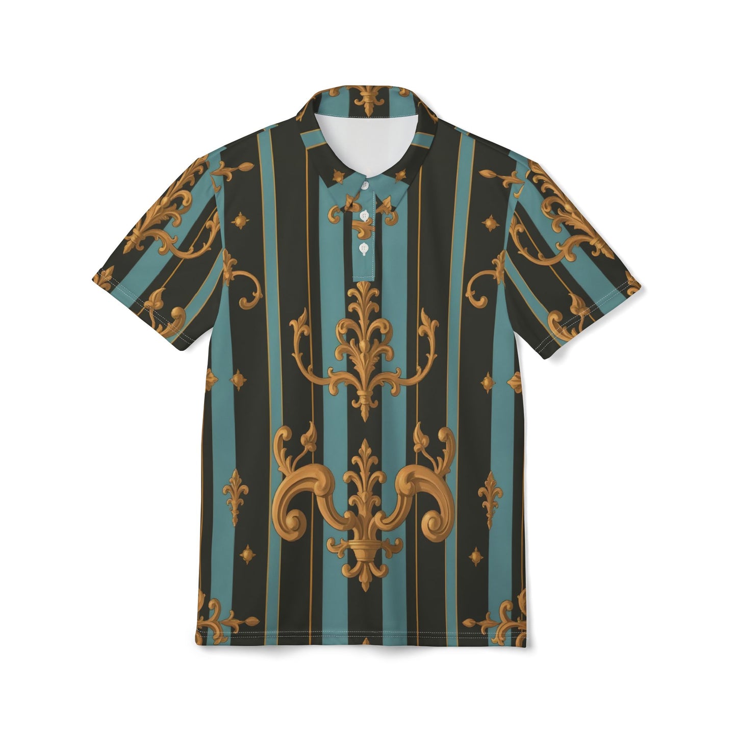 Chic Patterned Unisex Polo Shirt | Stylish Casual Wear, Summer Fashion, Trendy Gift, Parties, Unique Print - Black & Turquoise Striped Baroque