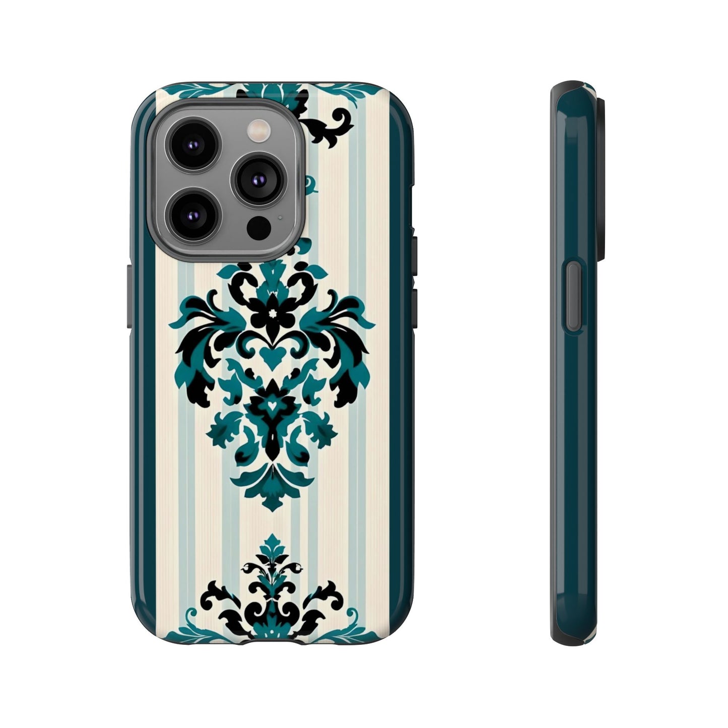 Elegant Floral Phone Case - Tough Cases with Vintage Design - Teal Striped Damask