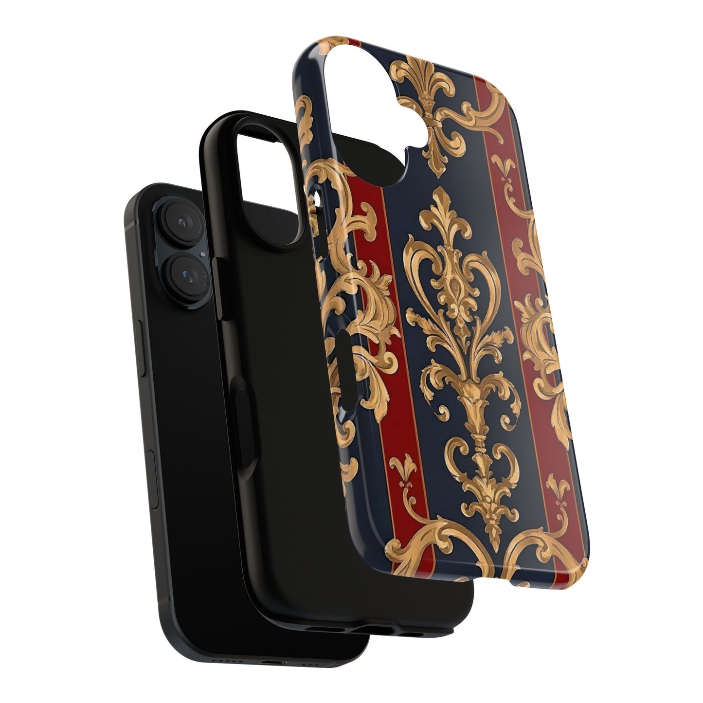 Elegant Floral Motif Phone Case - Tough Cases with Vintage Design - Midnight Blue & Dusk Red Striped Gold Damask