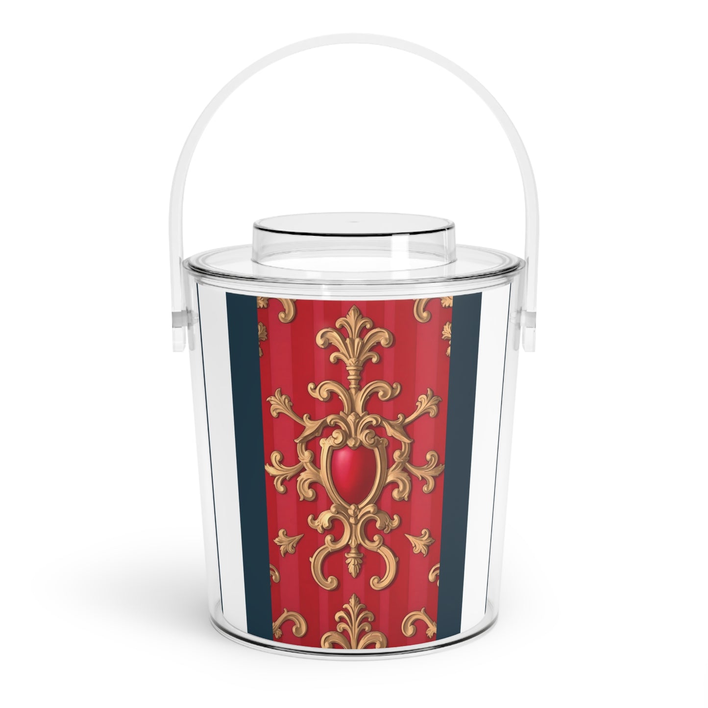 Elegant Ice Bucket with Tongs, Party Accessory, Barware, Home Decor, Holiday Entertaining, Chic Gift Idea - Blue, Red & White Striped Baroque
