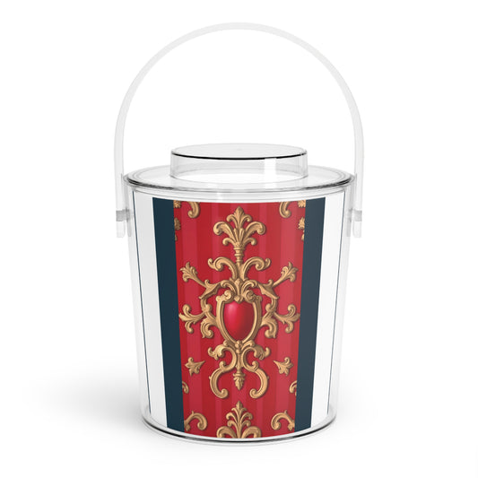Elegant Ice Bucket with Tongs, Party Accessory, Barware, Home Decor, Holiday Entertaining, Chic Gift Idea - Blue, Red & White Striped Baroque