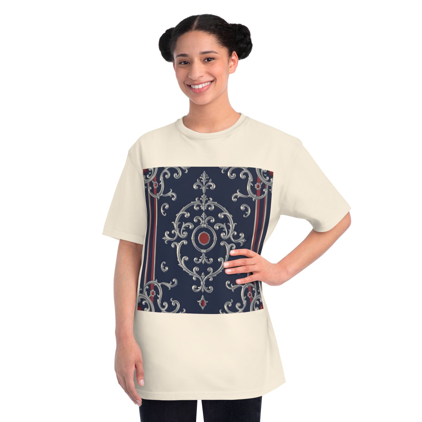 Vintage Pattern Organic Unisex T-Shirt | Baroque Style Tee, Casual Wear, Unique Gift, Eco-Friendly Fashion - Blue & Red Striped Silver Baroque
