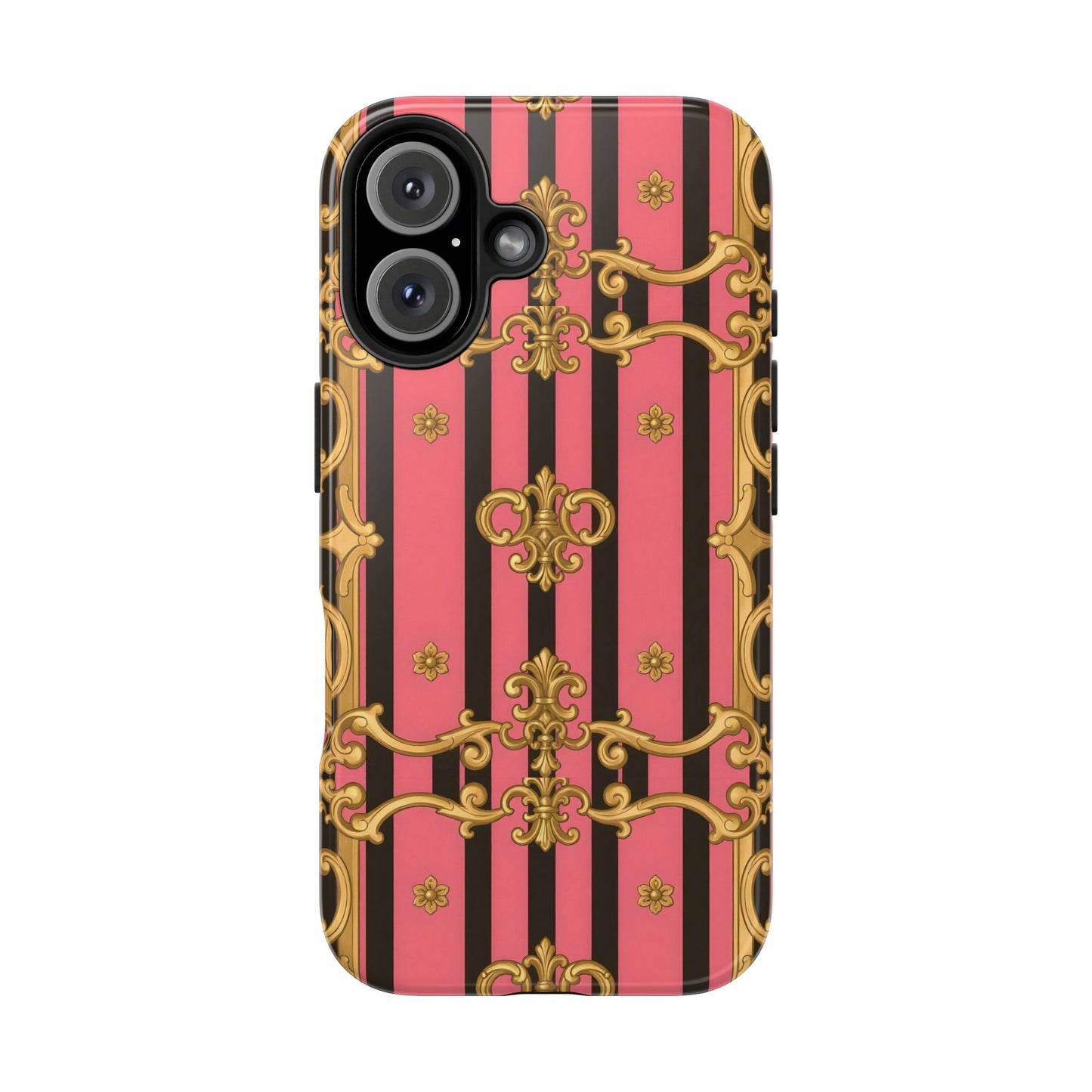 Elegant Baroque Tough Phone Cases, Stylish Protection, Gift for Her, Trendy Accessory - Pink & Black Striped Gold Baroque
