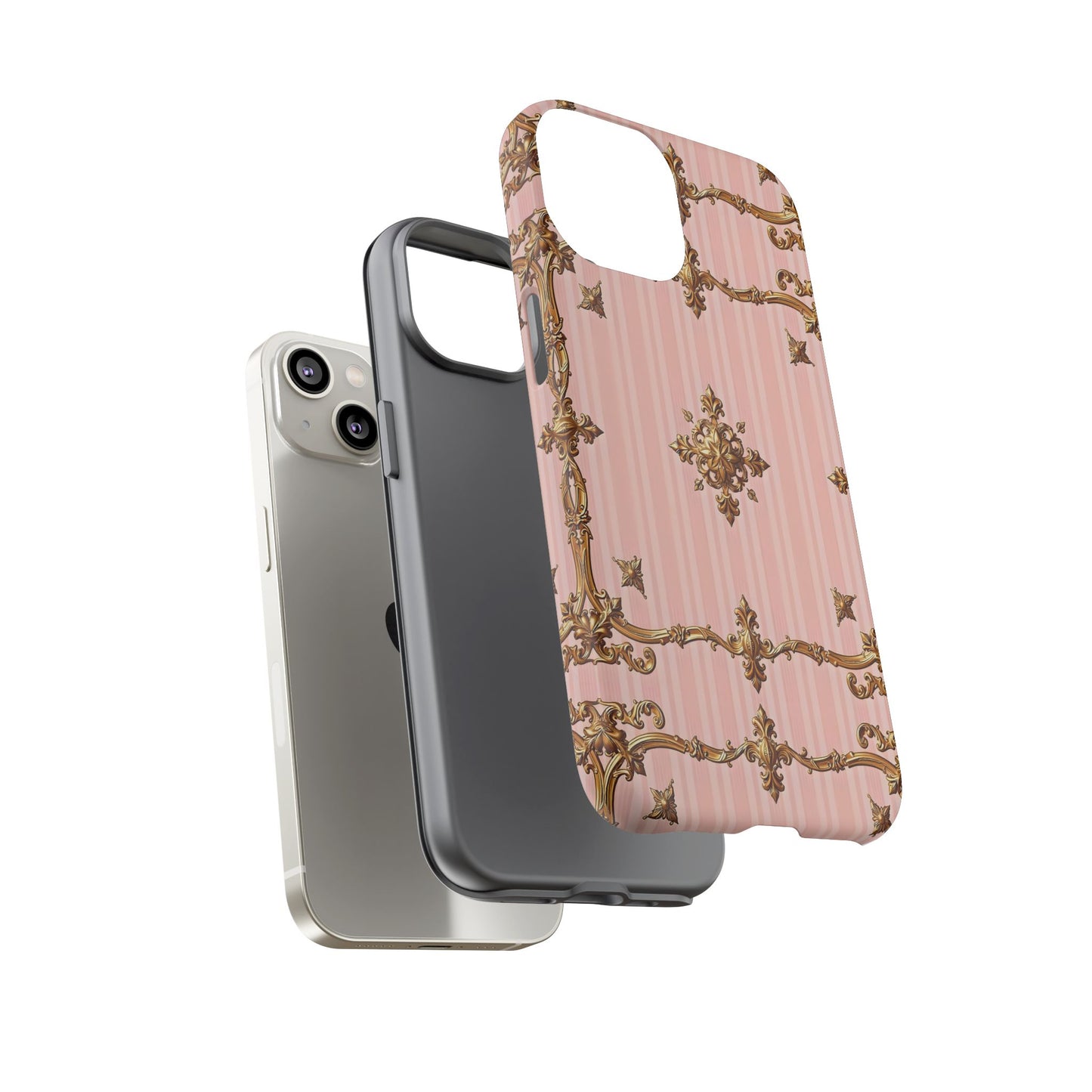 Elegant Floral Phone Case, Tough Cases for Women, Trendy Phone Cover, Chic Gift - Pink Striped Gold Baroque