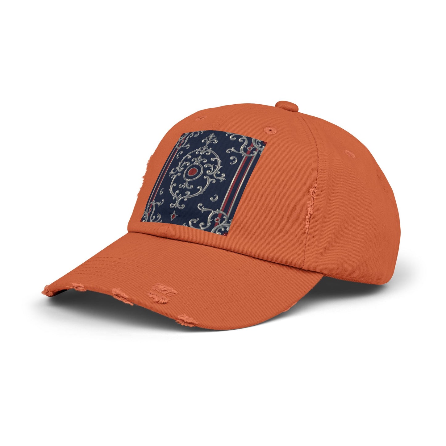 Stylish Unisex Distressed Cap with Ornate Design, Casual Hat for Outdoor Adventures, Beach Days - Blue & Red Silver Baroque