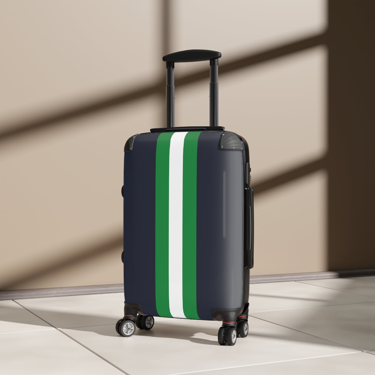 Lunar Midnight & Green-White Striped Stylish Carry-On Suitcase | Travel in Style, Lightweight Luggage, Gym Bag, Weekender Travel, Holiday Gift Idea