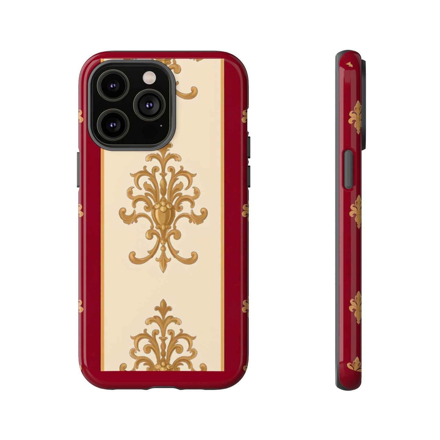 Elegant Floral Motif Phone Case - Tough Cases with Vintage Design - Dusk Red Striped Gold Damask