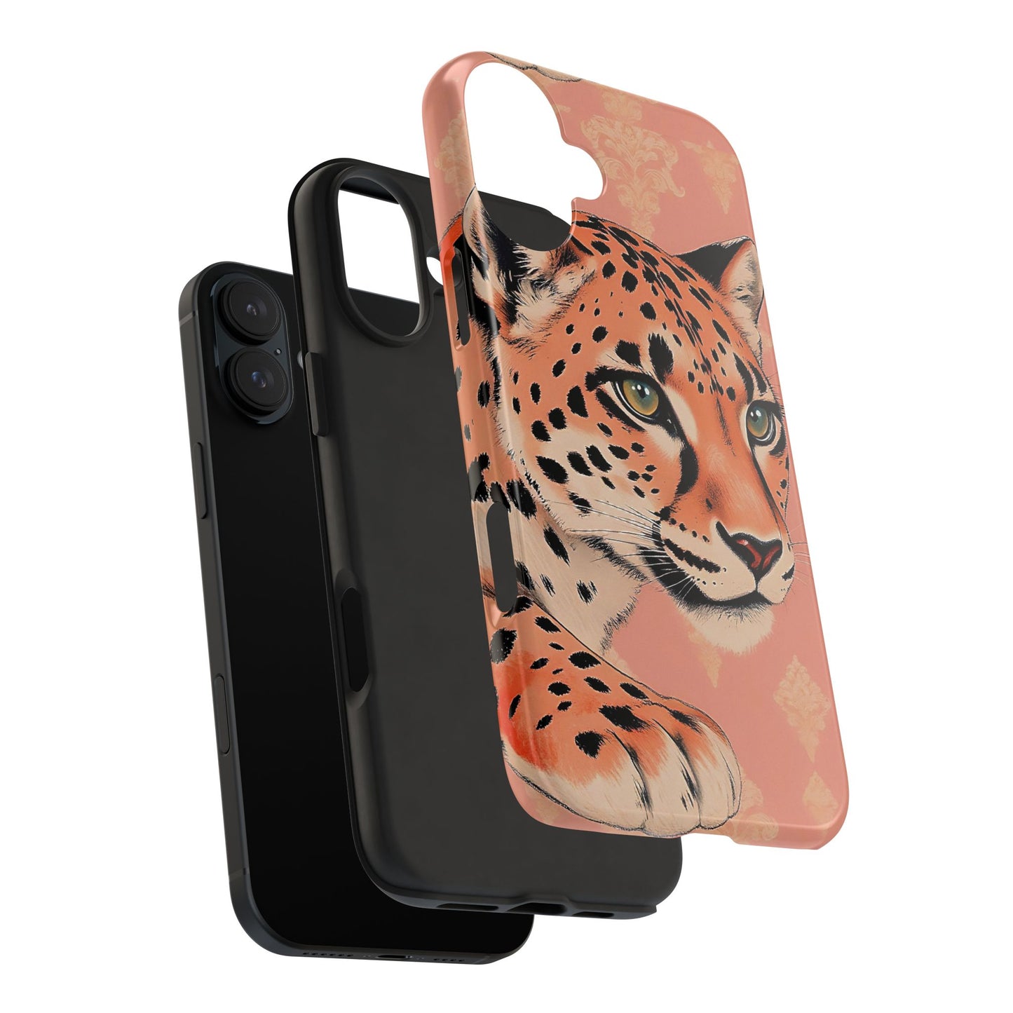 Leopard Tough Phone Case - Trendy Floral Motif Design for Animal Lovers - Peach Leopard & Damask