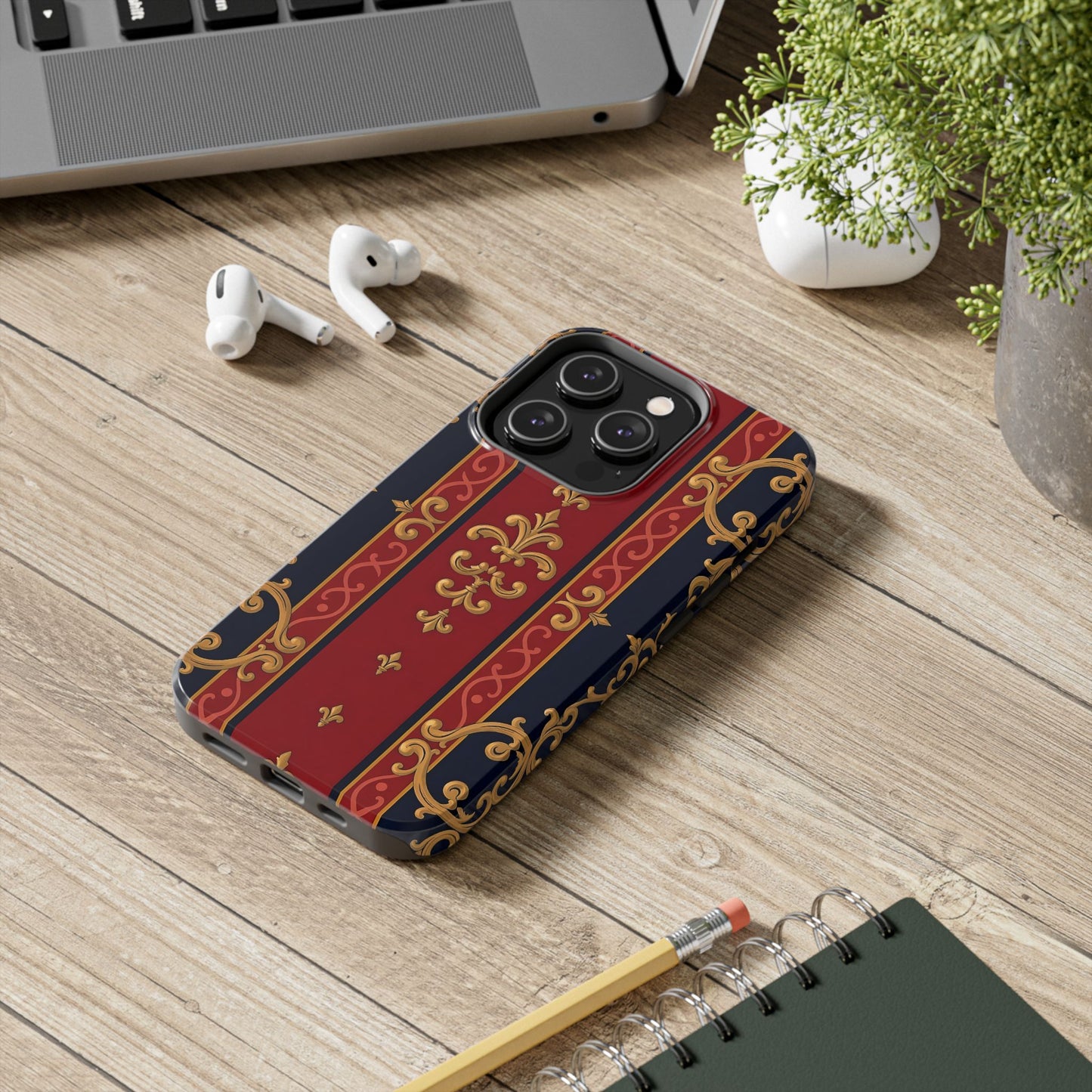Elegant Vintage Phone Cases, Tough Phone Cover, Stylish Cell Phone Accessories, Durable Phone Protection - Midnight Blue & Dusk Red Gold Baroque
