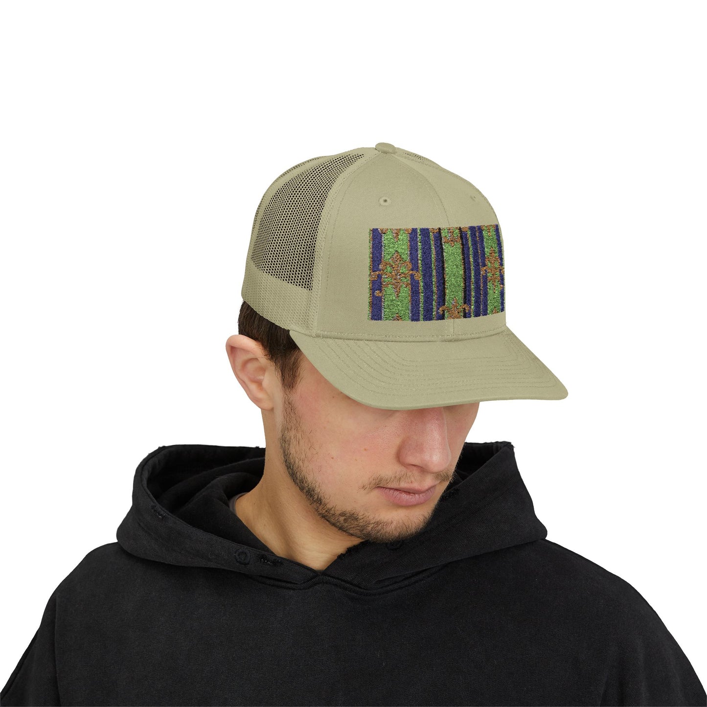 Vibrant Snapback Trucker Cap with Colorful Pattern, Baroque Hat for Festivals, Unisex Cap, Summer Accessory - Green Striped Gold Baroque