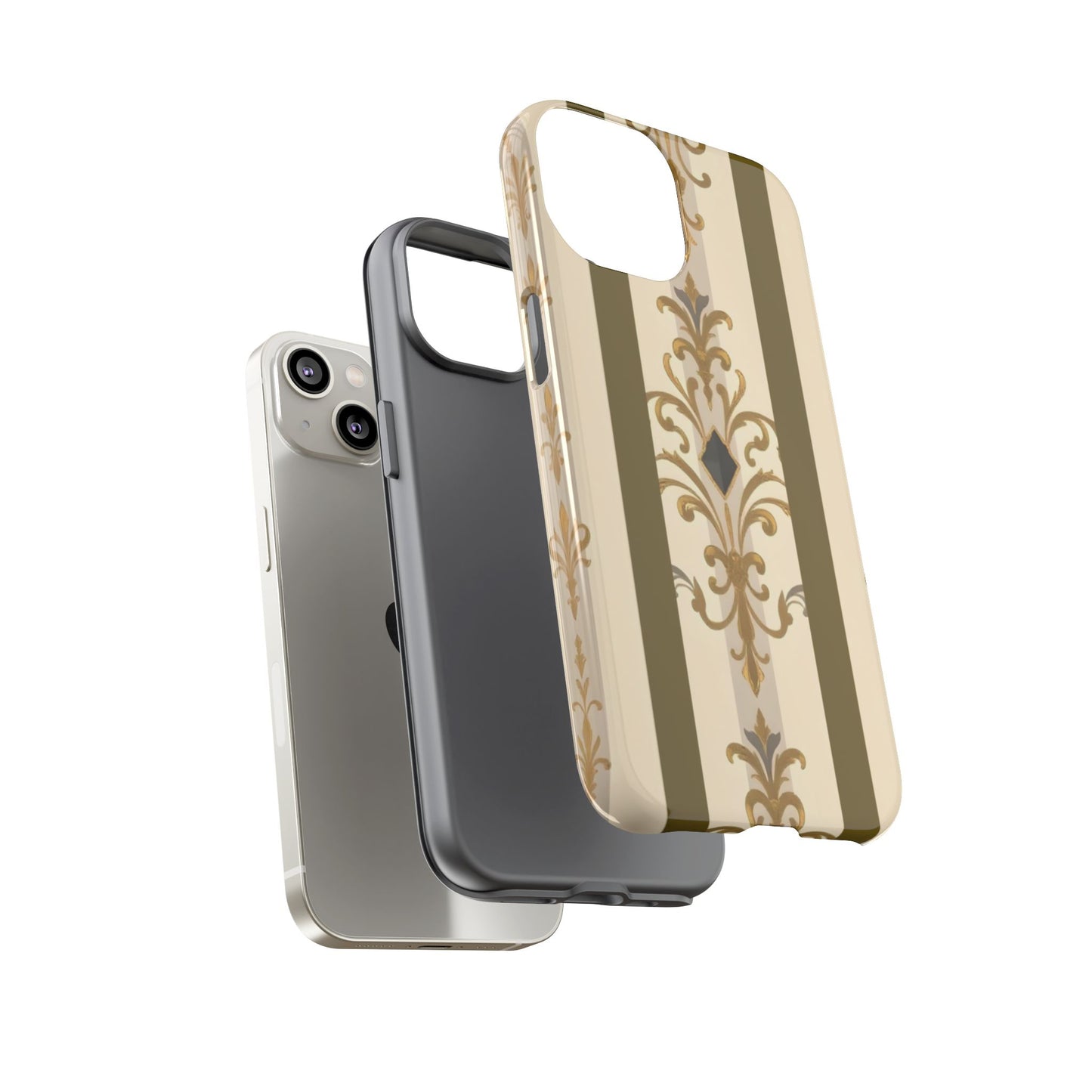 Elegant Floral Motif Phone Case - Tough Cases with Vintage Design - Olive Striped Gold Damask