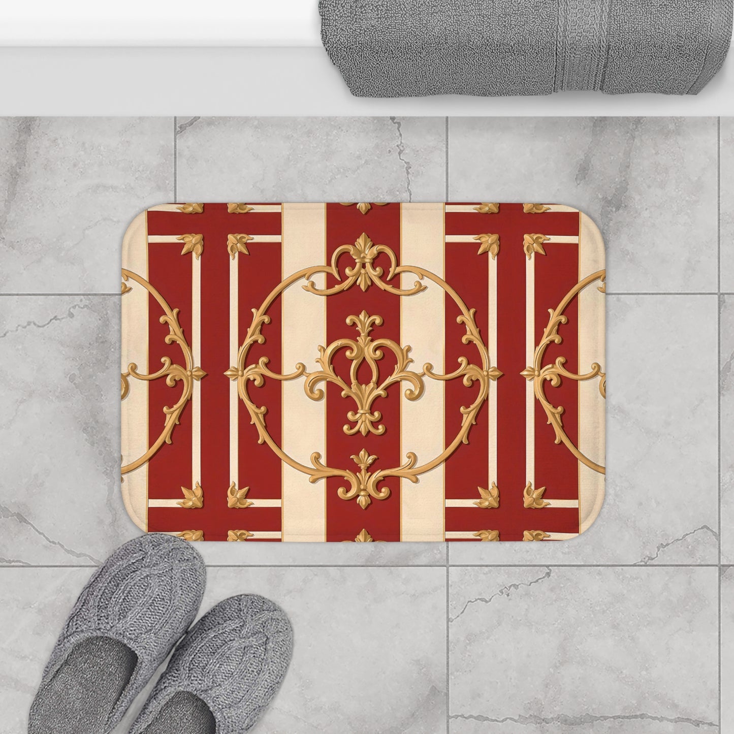 Elegant Ornate Bath Mat - Luxurious Bathroom Decor - Alabaster & Dusk Orange Striped Baroque