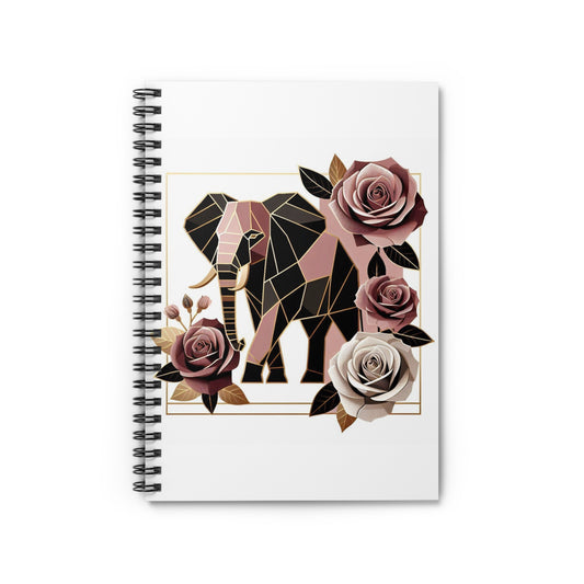 Stylish Elephant Spiral Notebook - Ruled Line with Floral Design - Brown & Mauve Elephant & Roses Design