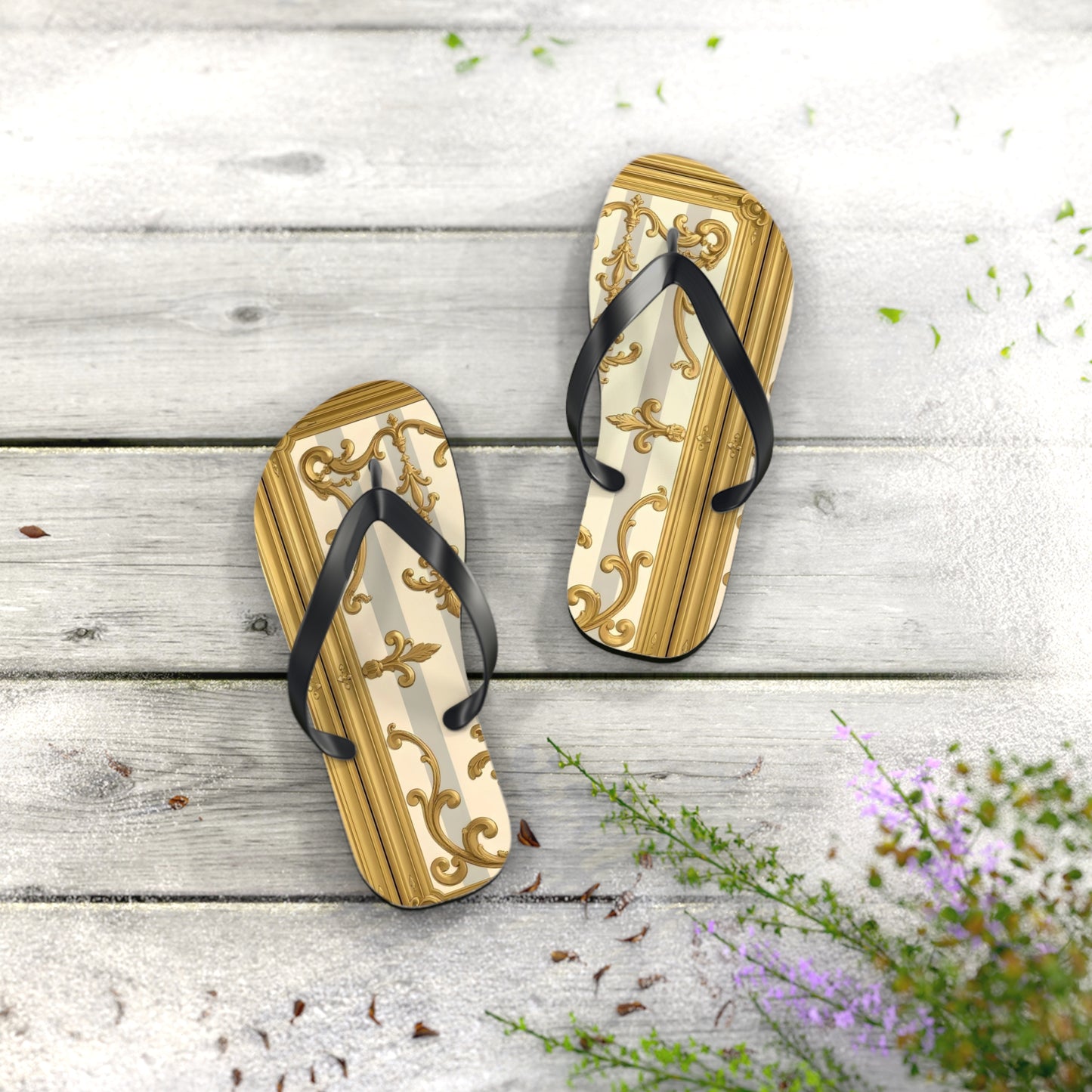 Chic Decorative Flip Flops for Beach, Summer Vibes, Vacation Footwear, Luxury Poolside Slippers - Matte Gray & Cream Striped Gold Baroque