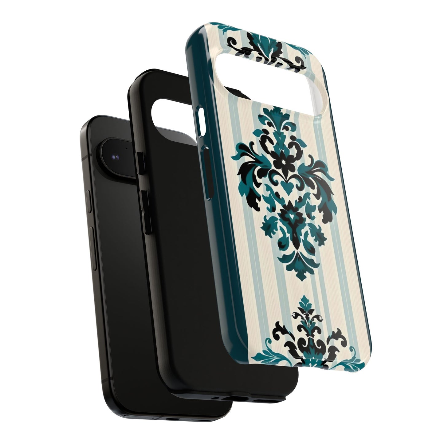 Elegant Floral Phone Case - Tough Cases with Vintage Design - Teal Striped Damask