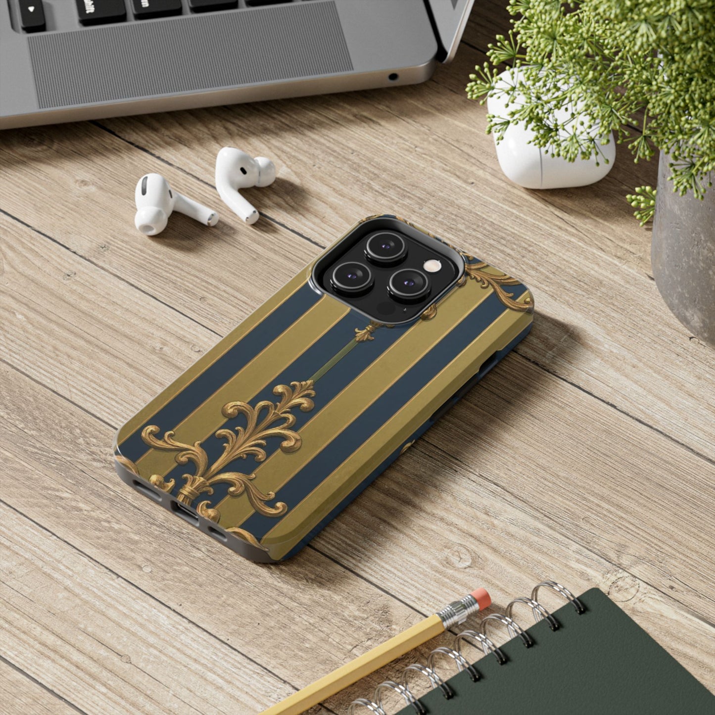 Elegant Midnight Blue & Olive Striped Gold Baroque Tough Phone Case, Phone Cover, Durable Case for Protection, Stylish Gift for Him/Her