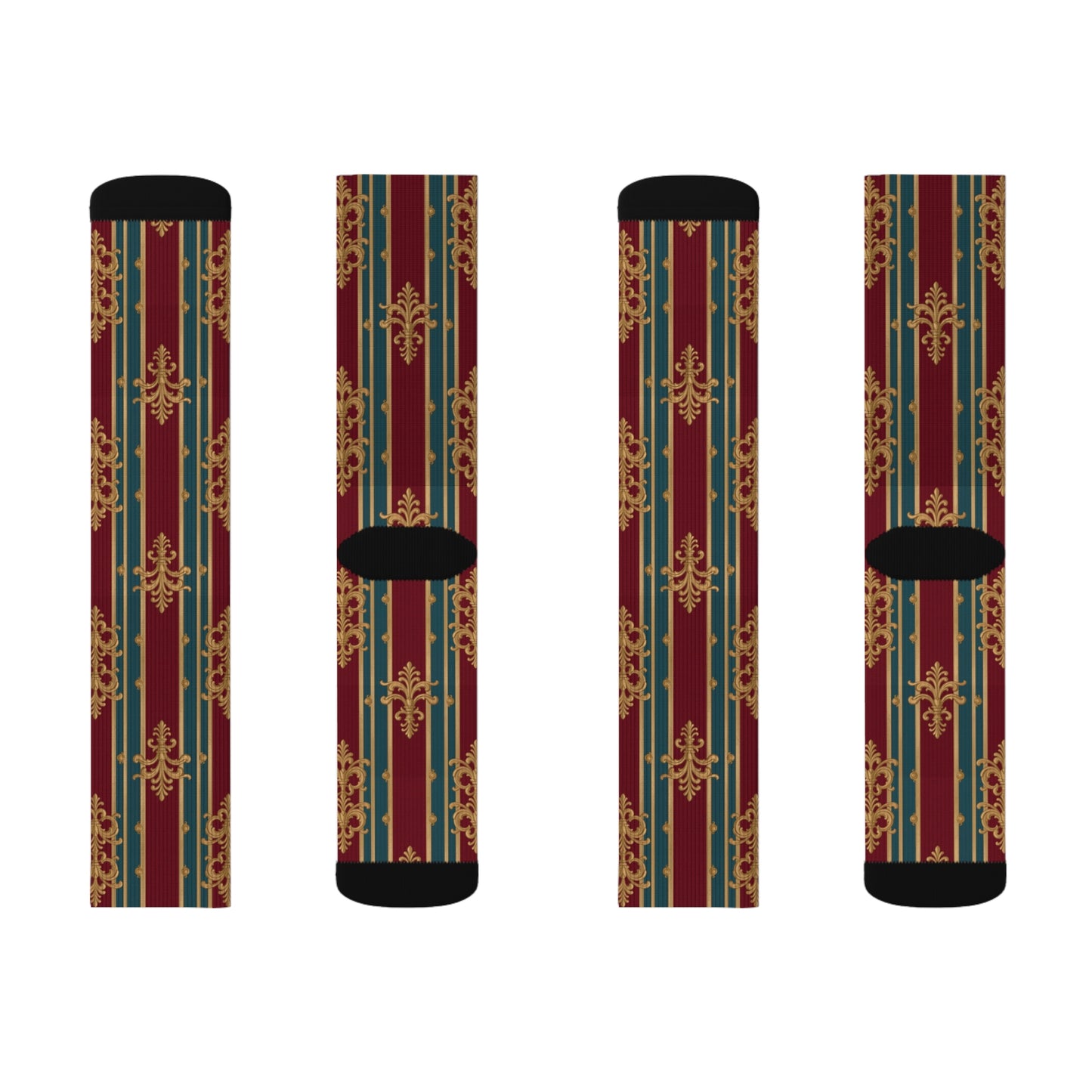 Elegant Unisex Patterned Sublimation Socks, Stylish Dress Socks, Unique Gift, Cozy Fashion Accessory - Burgundy Striped Gold Baroque