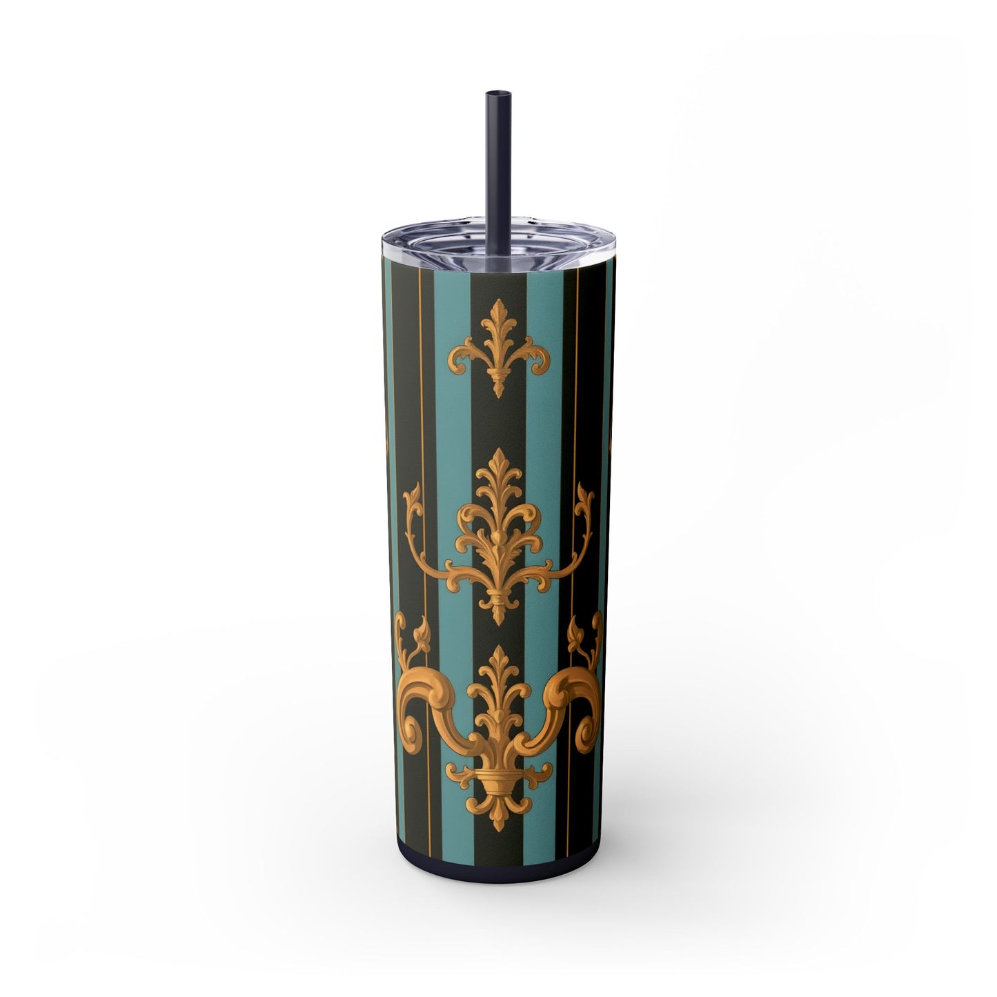Elegant Vintage Skinny Tumbler with Straw, 20oz | Gold Floral Pattern, Reusable Drinkware, Perfect for Home - Black & Turquoise Striped Baroque