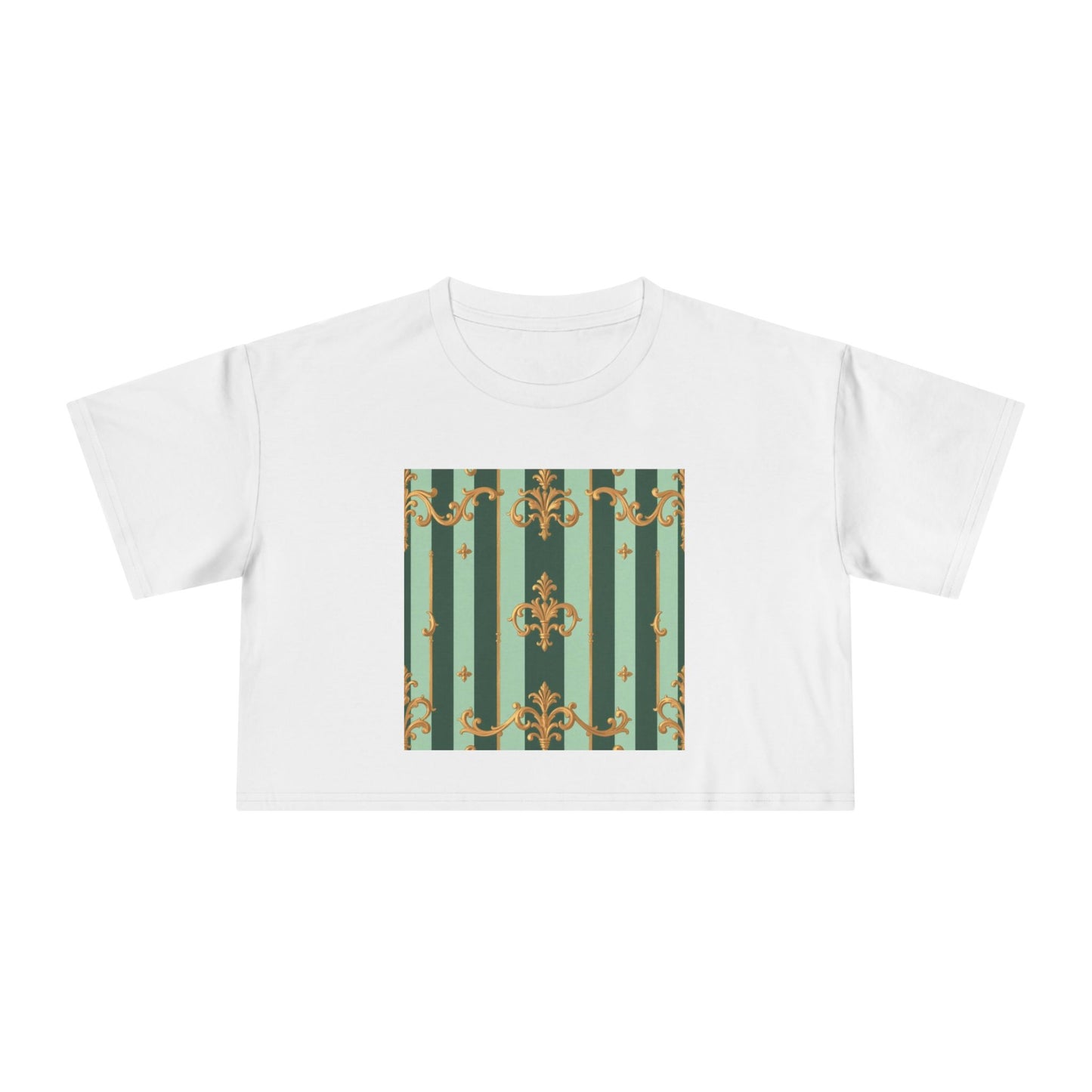 Chic Women's Crop Tee with Elegant Patterns, Fashion Top, Summer Style, Trendy Outfit, Gift for Her - Mint Green & Teal Striped Gold Baroque