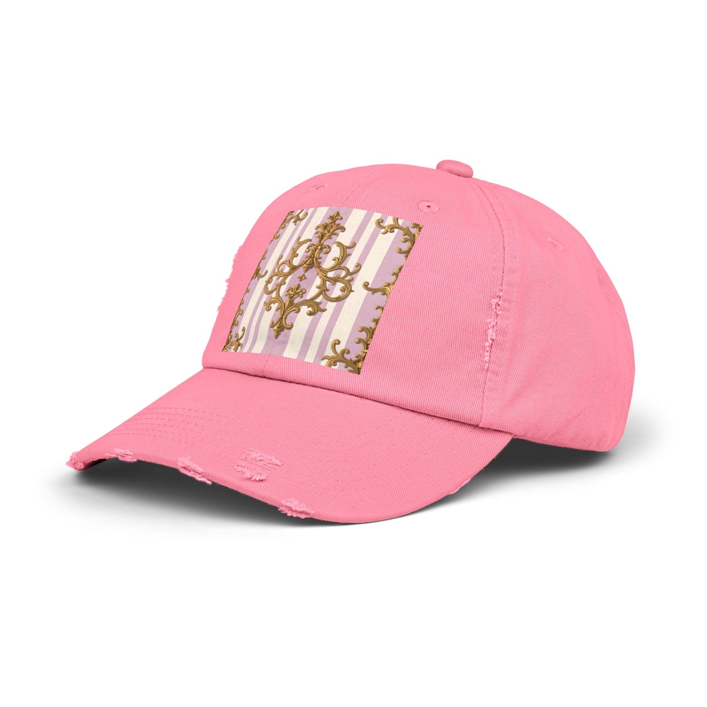 Chic Distressed Cap with Elegant Design | Trendy Accessory, Gift for Fashion Lovers, Perfect for Casual Outings - Lilac & Alabaster Striped Gold Baroque